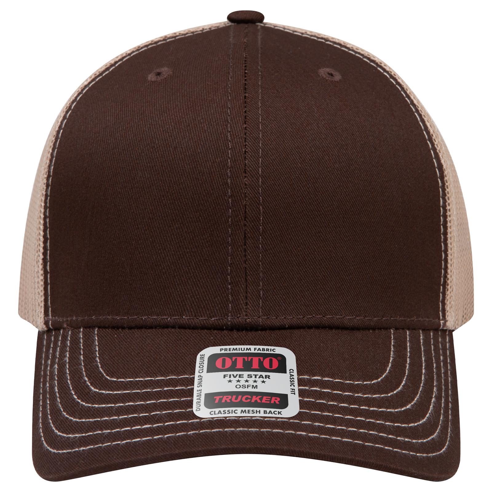 Right View of 393932 - Dk.Brn/Dk.Brn/Kha OTTO CAP 6 Panel Mid Profile Mesh Back Trucker Hat