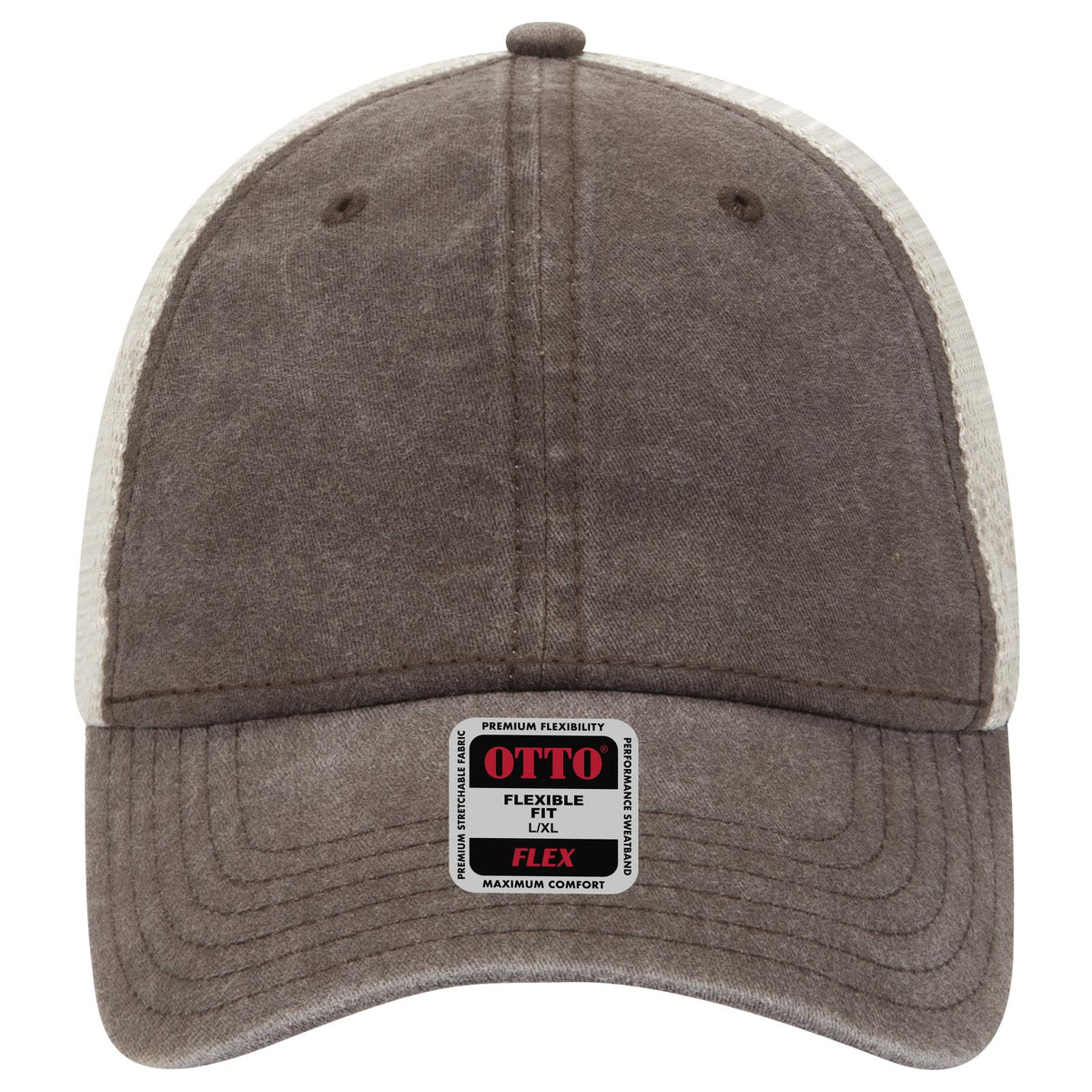Front View of 393932 - Dk.Brn/Dk.Brn/Kha OTTO CAP "OTTO FLEX" Fitted 6 Panel Low Profile Mesh Back Trucker Hat