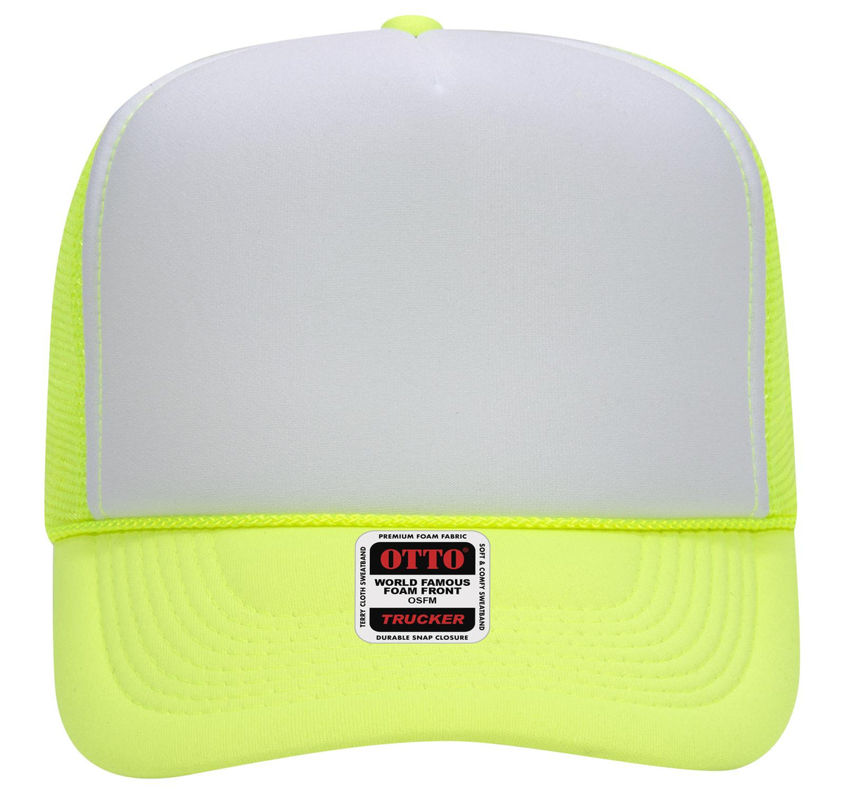 Front View of 401640 - N.Ylw/Wht/N.Ylw OTTO CAP 5 Panel High Crown Mesh Back Trucker Hat