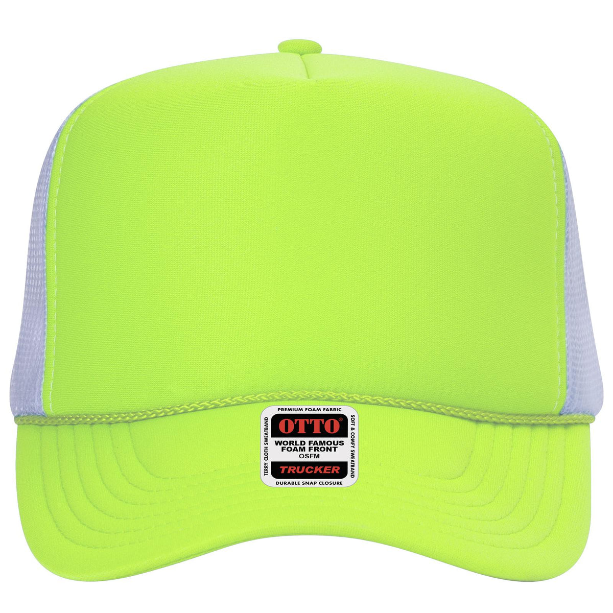 Front View of 404016 - N Ylw/N Ylw/Wht OTTO CAP 5 Panel High Crown Mesh Back Trucker Hat