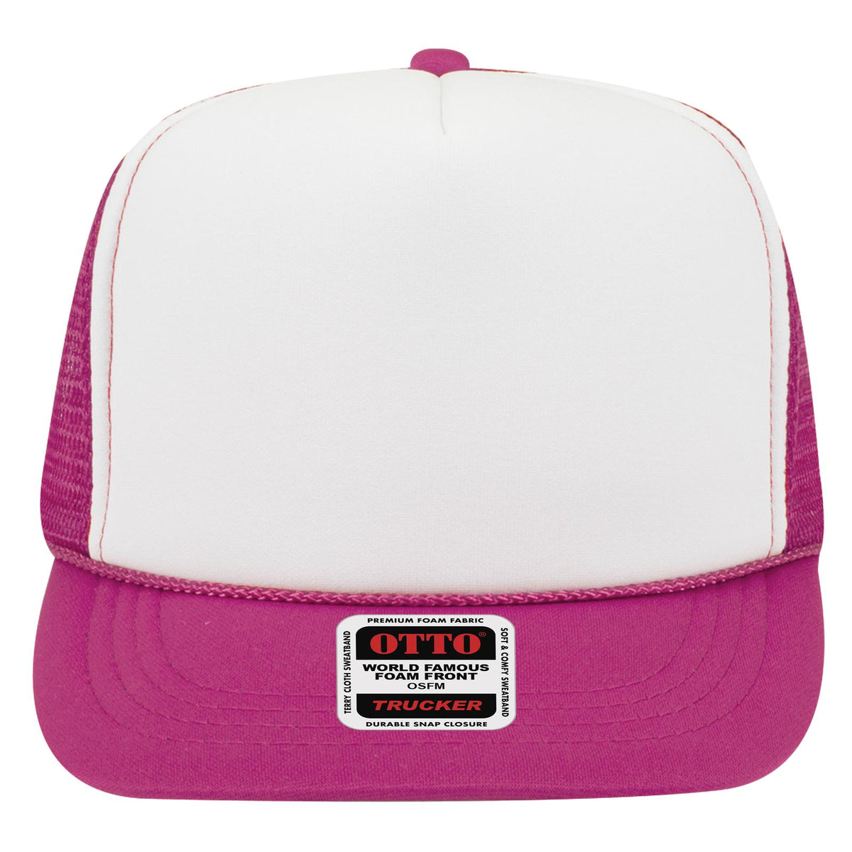 Front View of 421642 - H.Pnk/Wht/H.Pnk OTTO CAP 5 Panel High Crown Mesh Back Trucker Hat