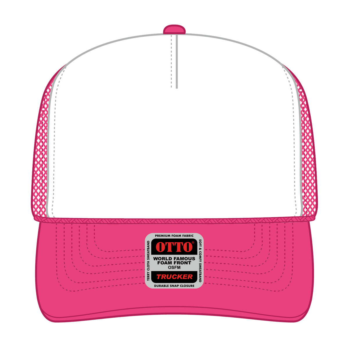Front View of 421642 - H.Pnk/Wht/H.Pnk OTTO CAP 5 Panel High Crown Mesh Back Trucker Hat