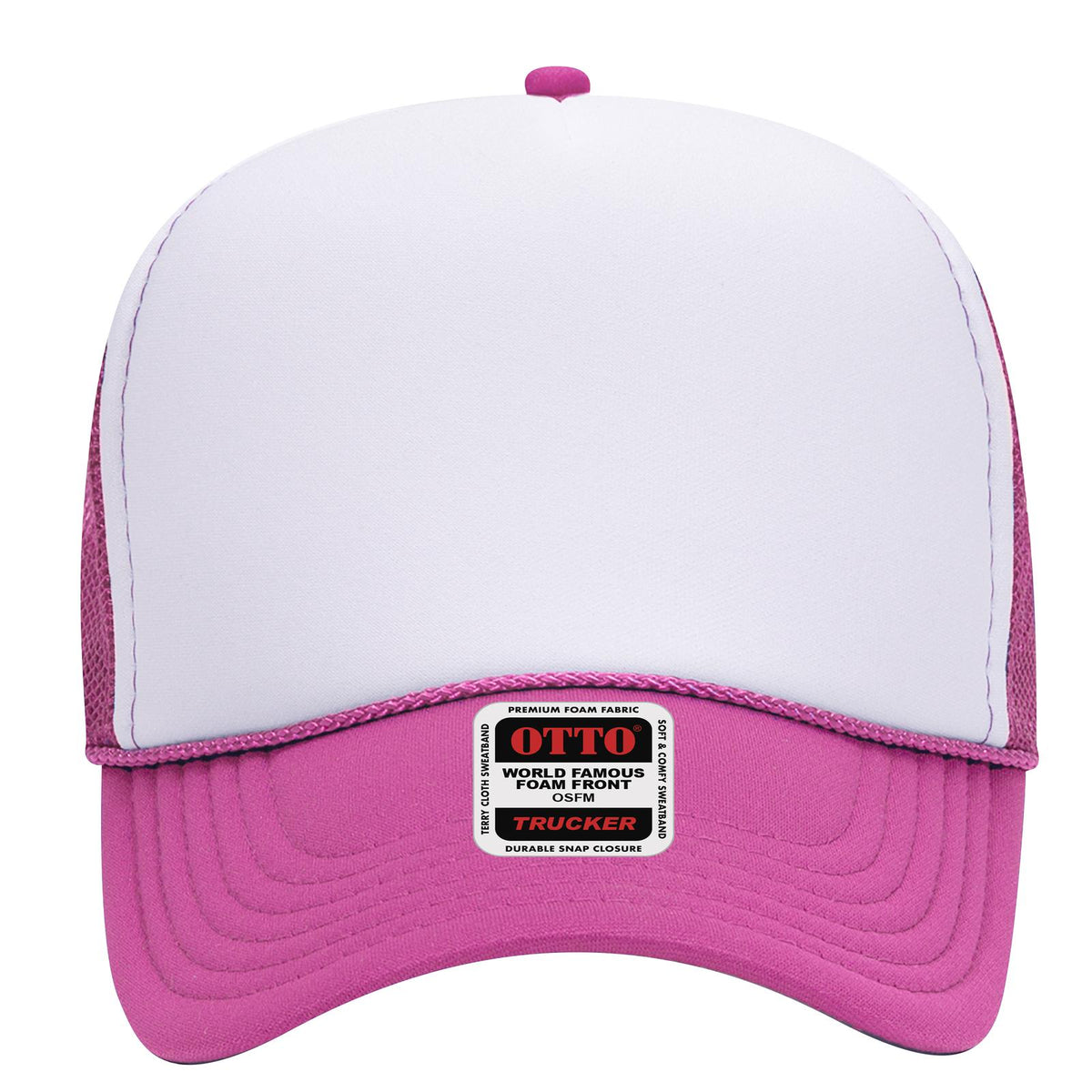 Front View of 421642 - H.Pnk/Wht/H.Pnk OTTO CAP 5 Panel Mid Profile Mesh Back Trucker Hat