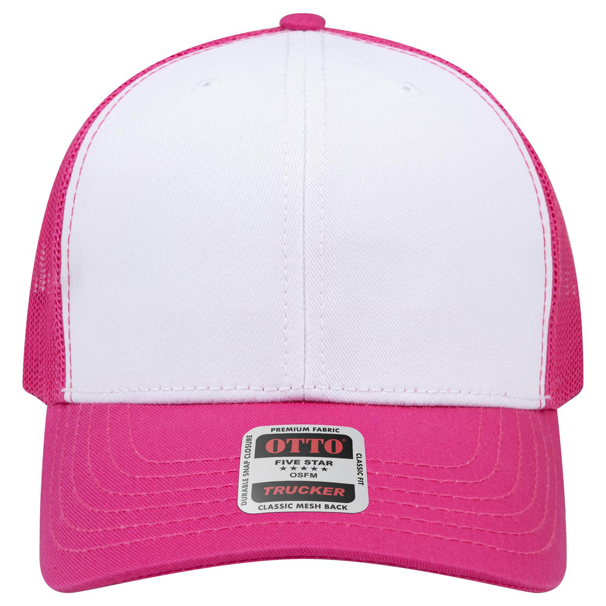 Front View of 421642 - H.Pnk/Wht/H.Pnk OTTO CAP 6 Panel Mid Profile Mesh Back Trucker Hat