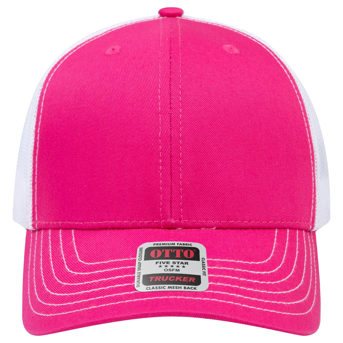 Front View of 424216 - H.Pnk/H.Pnk/Wht OTTO CAP 6 Panel Mid Profile Mesh Back Trucker Hat