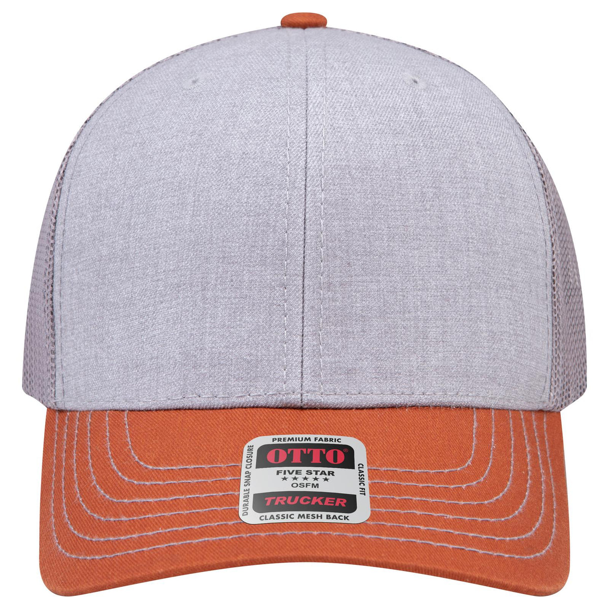 Front View of 447414 - Tx.Org/H.Gry/Gry OTTO CAP 6 Panel Mid Profile Mesh Back Trucker Hat