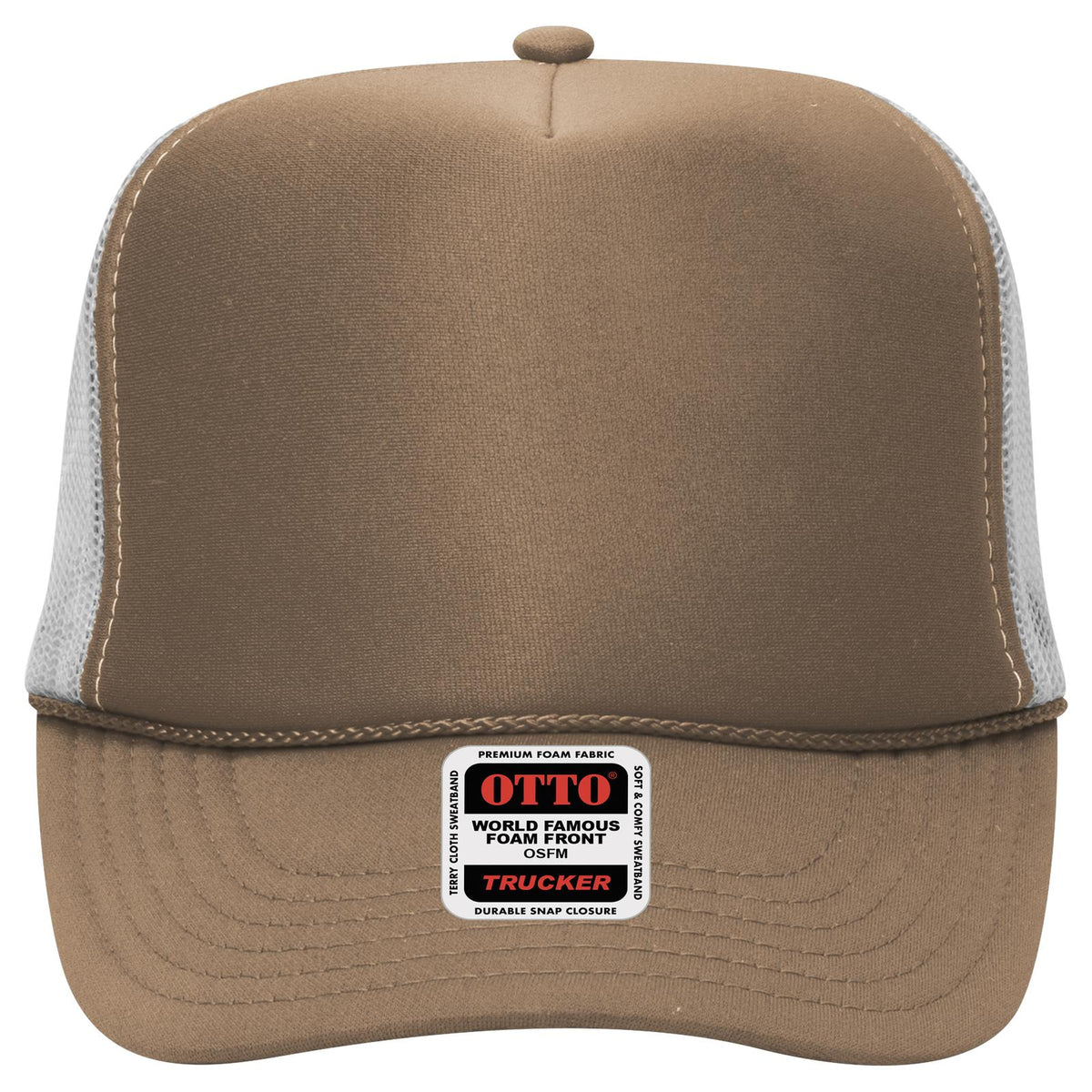 Front View of 535316 - Dk.Kha/Dk.Kha/Wht OTTO CAP 5 Panel High Crown Mesh Back Trucker Hat