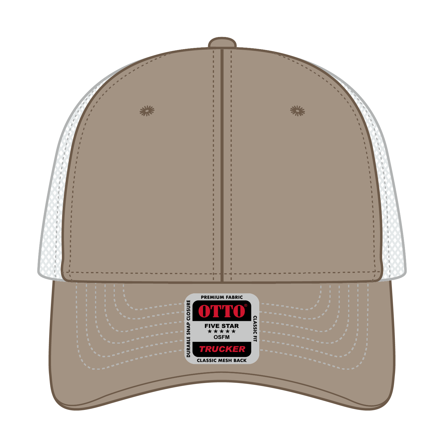 Front View of 535316 - Dk.Kha/Dk.Kha/Wht OTTO CAP 6 Panel Low Profile Mesh Back Trucker Hat