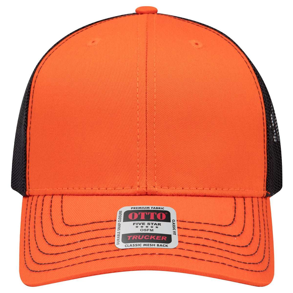 Front View of 626203 - Org/Org/Blk OTTO CAP 6 Panel Mid Profile Mesh Back Trucker Hat
