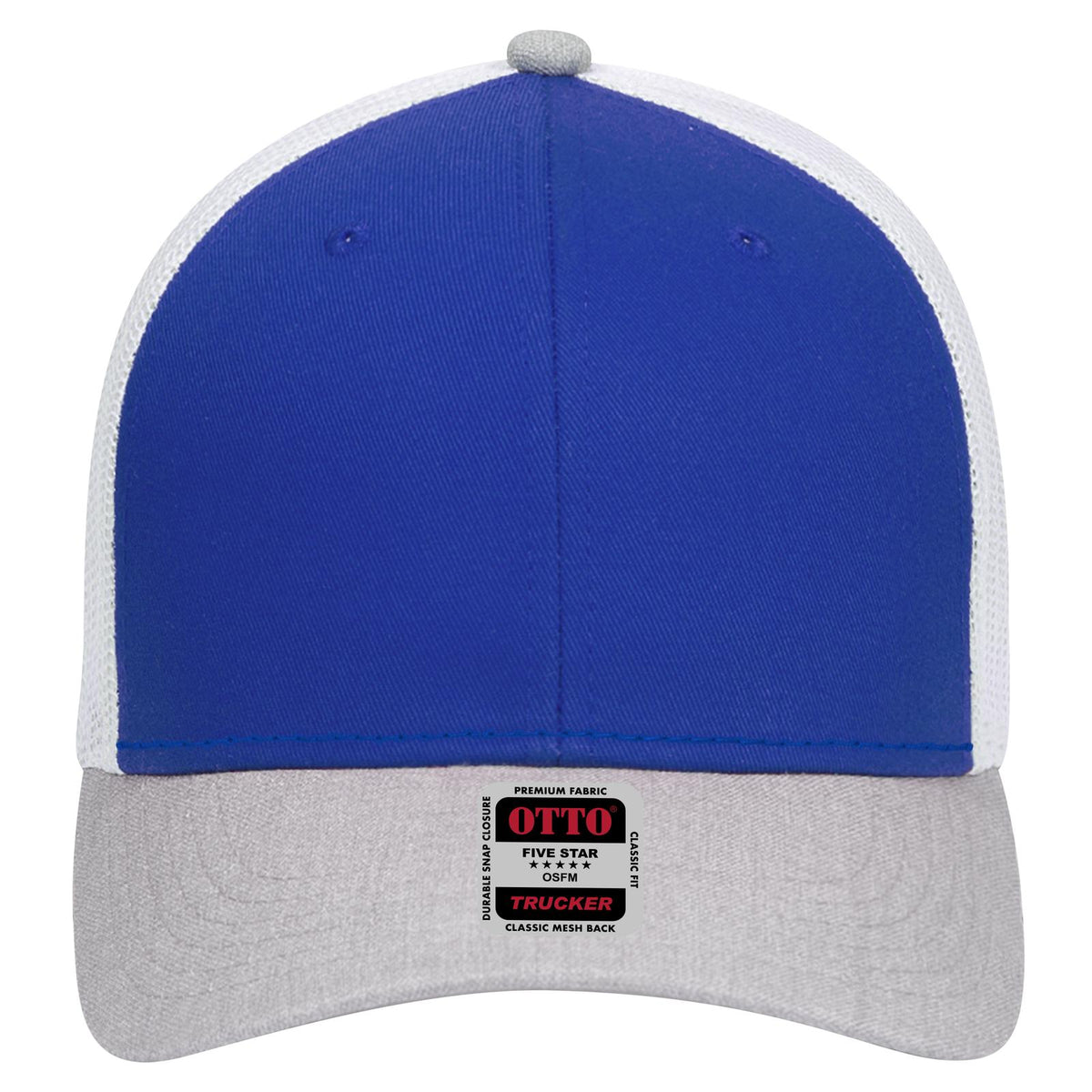 Front View of 740116 - HeatherGray/Royal/White OTTO CAP 6 Panel Low Profile Mesh Back Trucker Hat