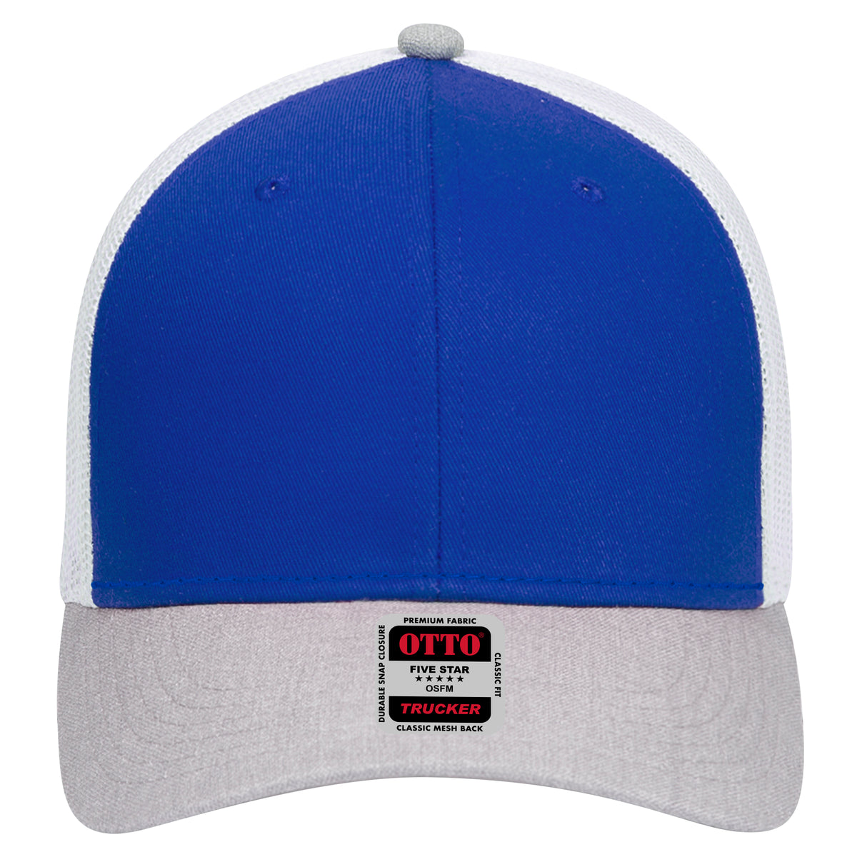 Front View of 740116 - HeatherGray/Royal/White OTTO CAP 6 Panel Low Profile Mesh Back Trucker Hat