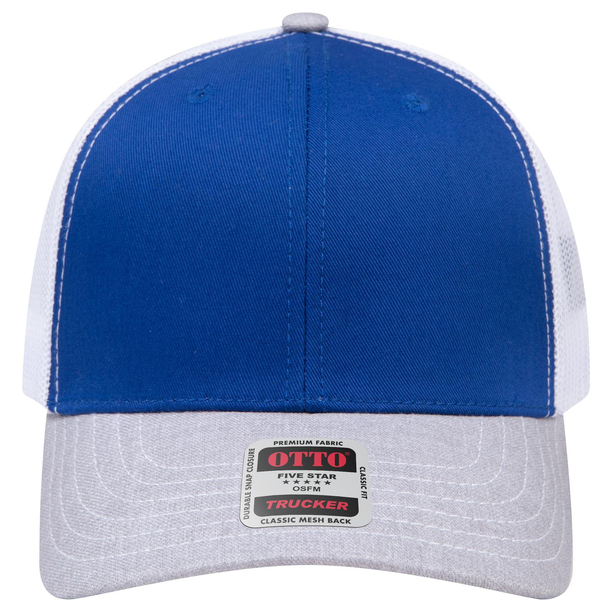 Front View of 740116 - HeatherGray/Royal/White OTTO CAP 6 Panel Mid Profile Mesh Back Trucker Hat