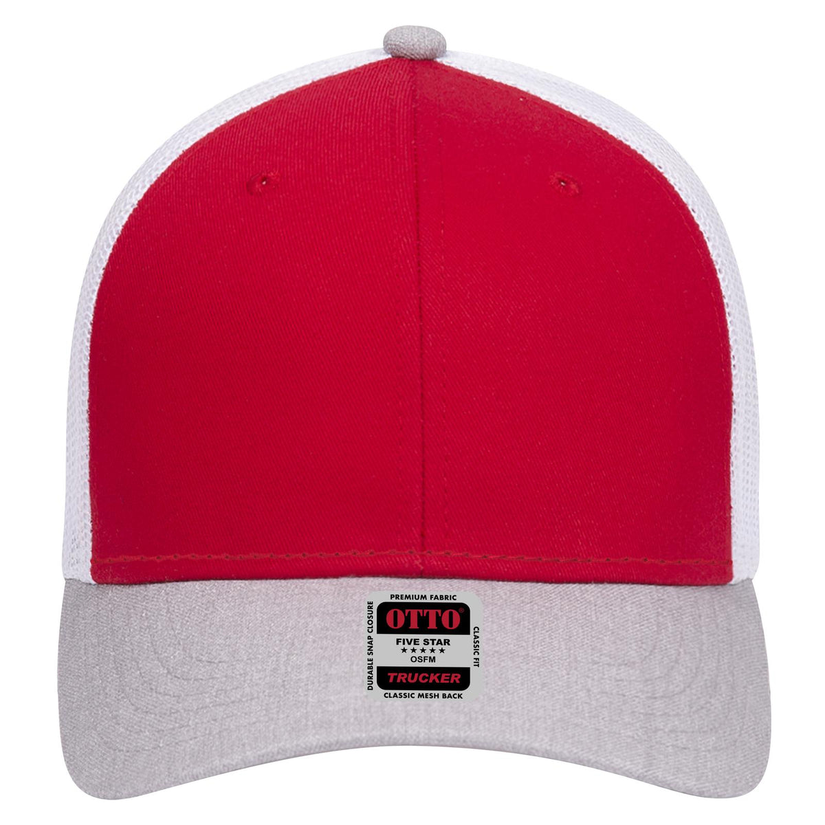 Front View of 740216 - HeatherGray/Red/White OTTO CAP 6 Panel Low Profile Mesh Back Trucker Hat