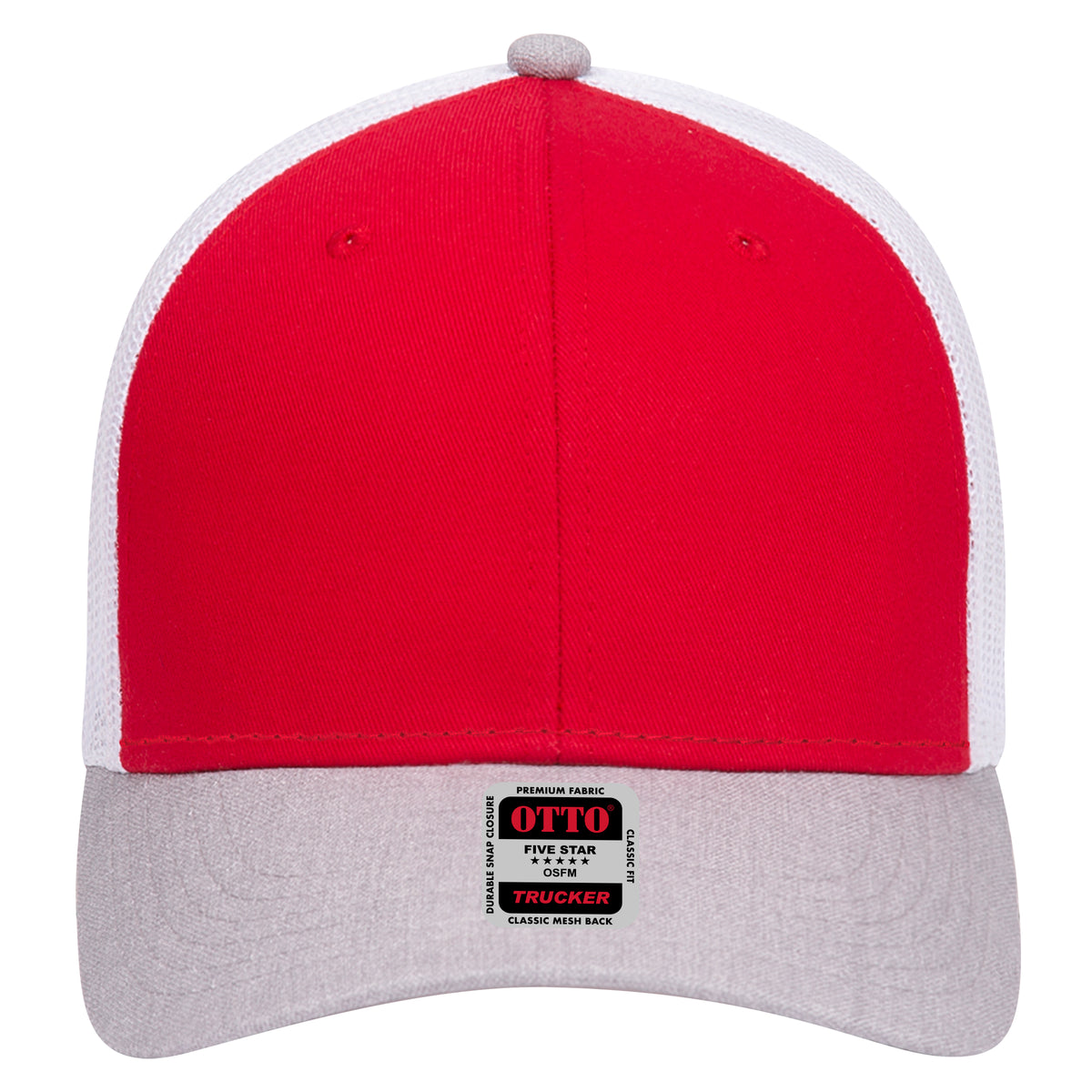 Front View of 740216 - HeatherGray/Red/White OTTO CAP 6 Panel Low Profile Mesh Back Trucker Hat