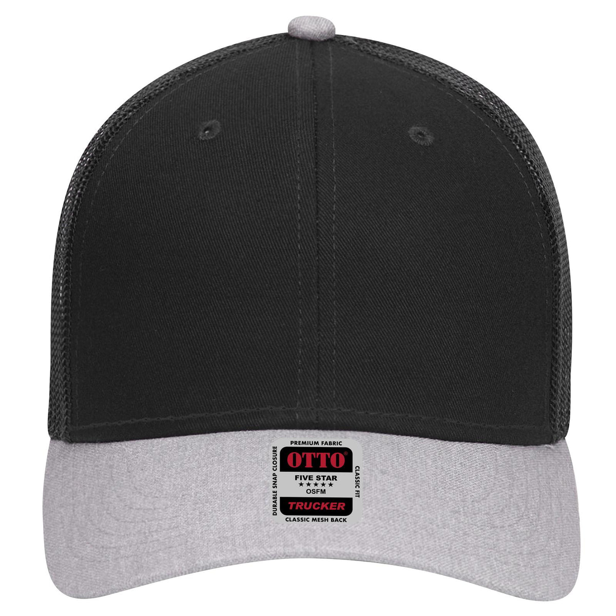 Front View of 740303 - HeatherGray/Black/Black OTTO CAP 6 Panel Low Profile Mesh Back Trucker Hat