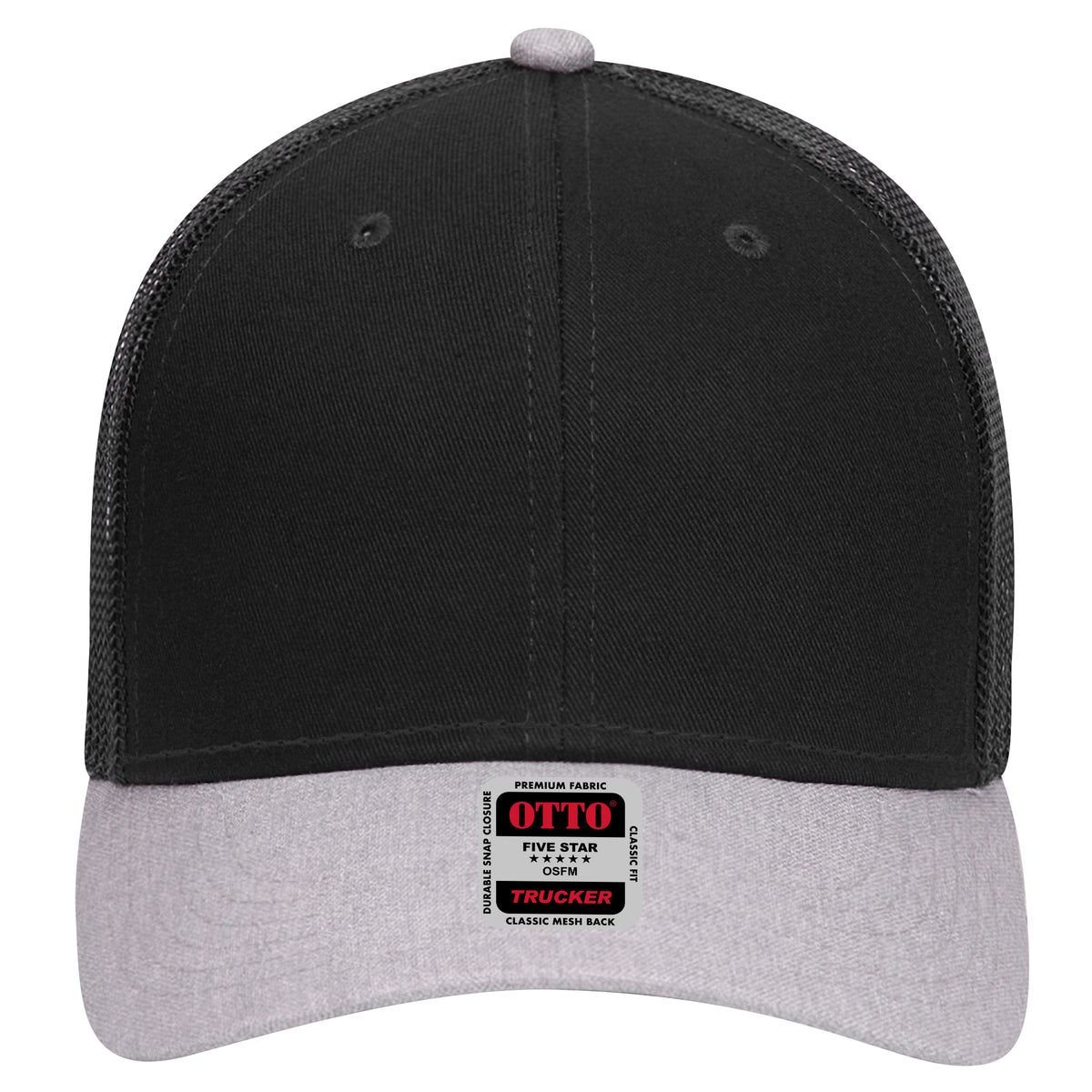 Front View of 740303 - HeatherGray/Black/Black OTTO CAP 6 Panel Low Profile Mesh Back Trucker Hat