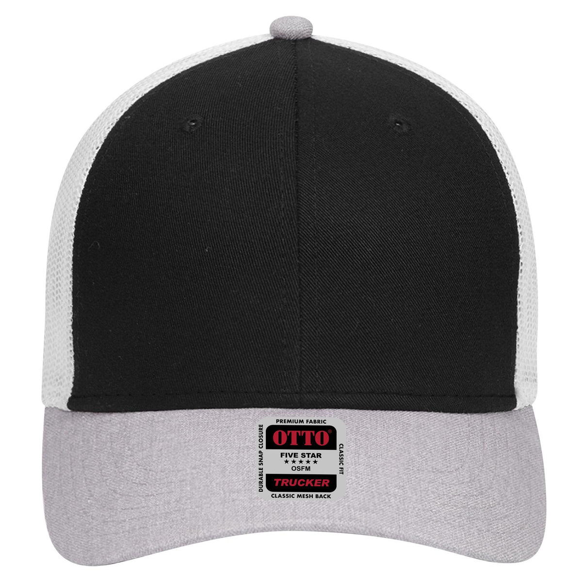 Front View of 740316 - HeatherGray/Black/White OTTO CAP 6 Panel Low Profile Mesh Back Trucker Hat