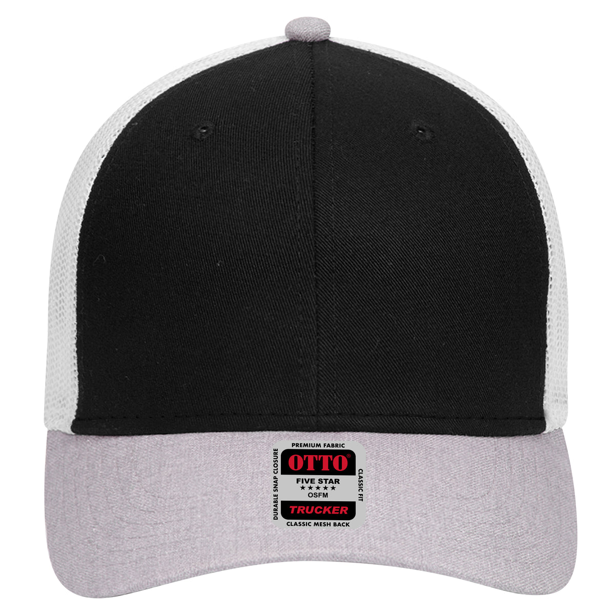 Front View of 740316 - HeatherGray/Black/White OTTO CAP 6 Panel Low Profile Mesh Back Trucker Hat