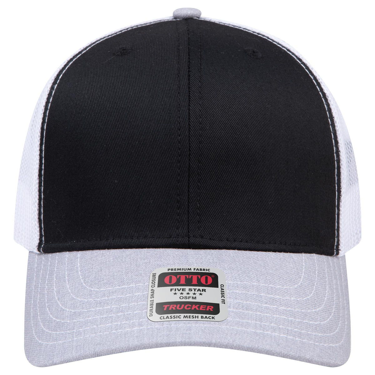 Front View of 740316 - HeatherGray/Black/White OTTO CAP 6 Panel Mid Profile Mesh Back Trucker Hat