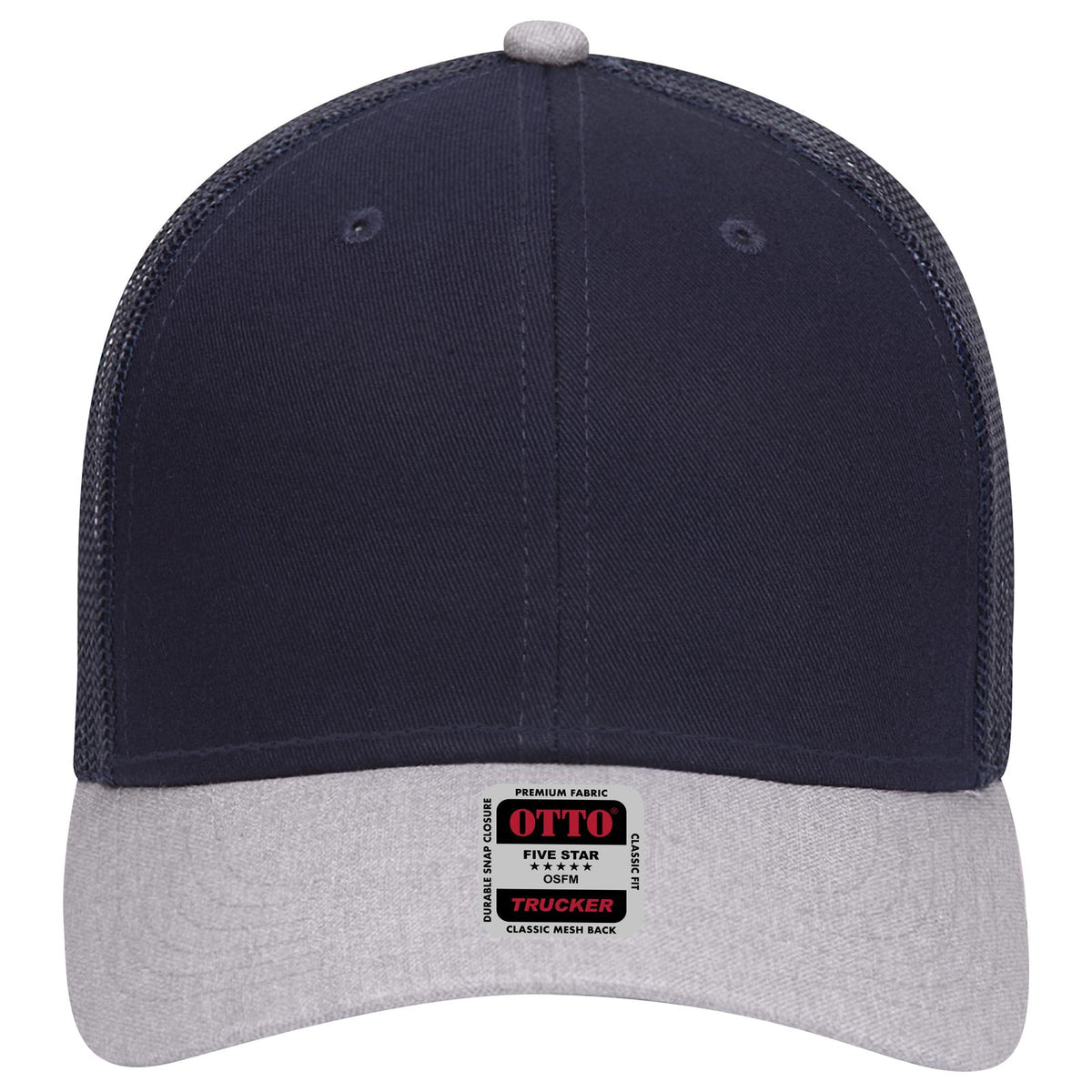 Front View of 740404 - HeatherGray/Navy/Navy OTTO CAP 6 Panel Low Profile Mesh Back Trucker Hat