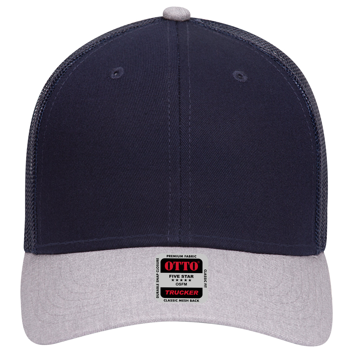 Front View of 740404 - HeatherGray/Navy/Navy OTTO CAP 6 Panel Low Profile Mesh Back Trucker Hat