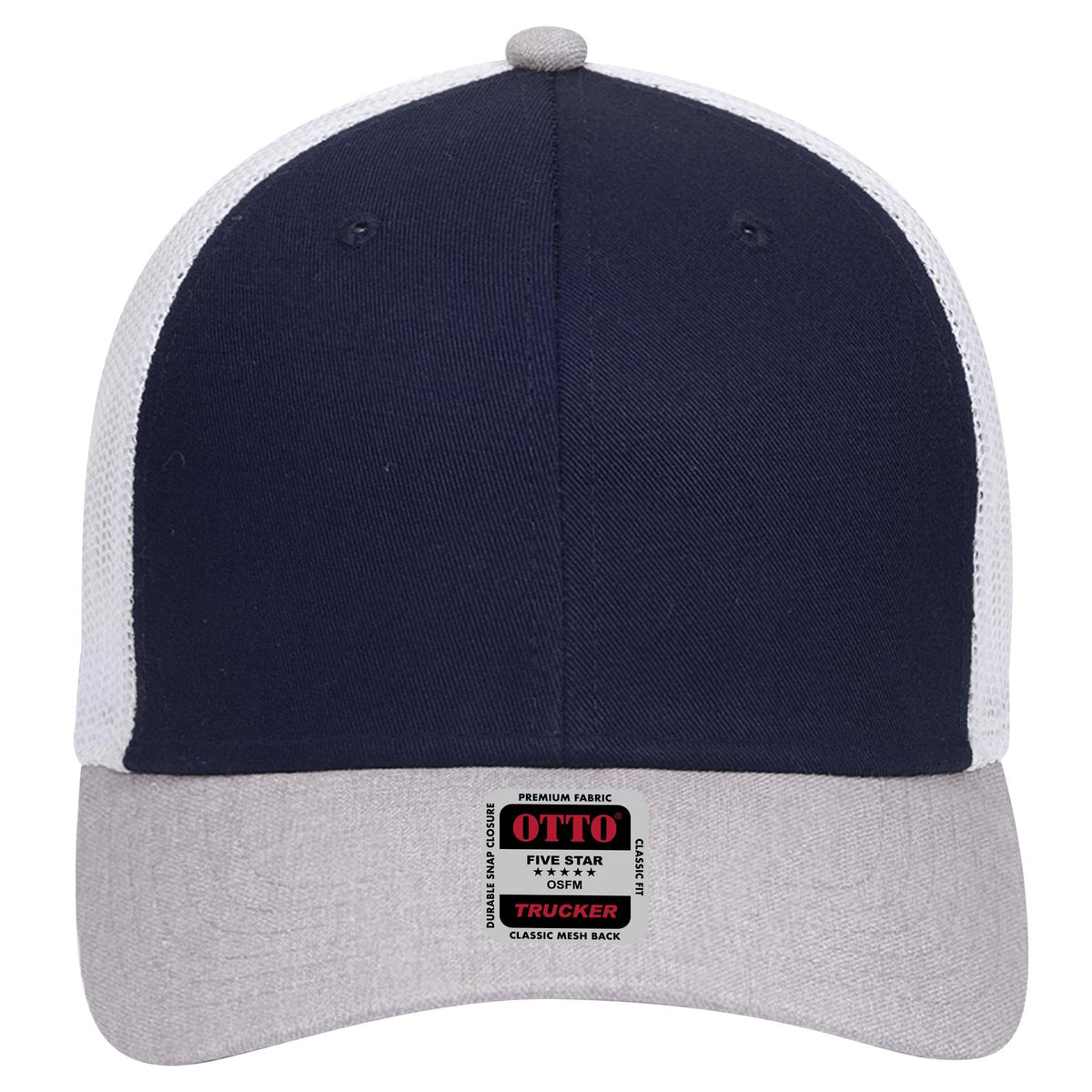 Front View of 740416 - HeatherGray/Navy/White OTTO CAP 6 Panel Low Profile Mesh Back Trucker Hat