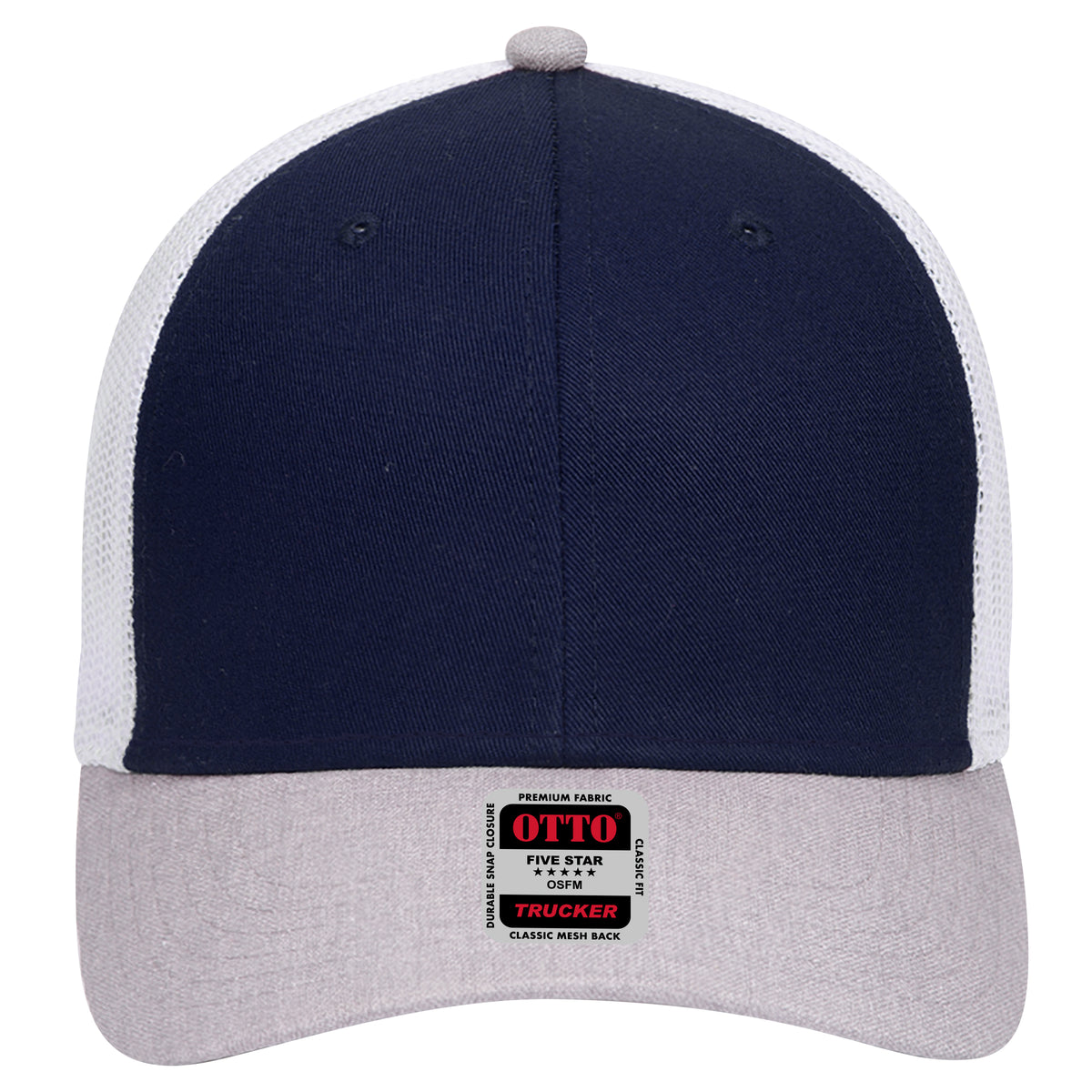 Front View of 740416 - HeatherGray/Navy/White OTTO CAP 6 Panel Low Profile Mesh Back Trucker Hat