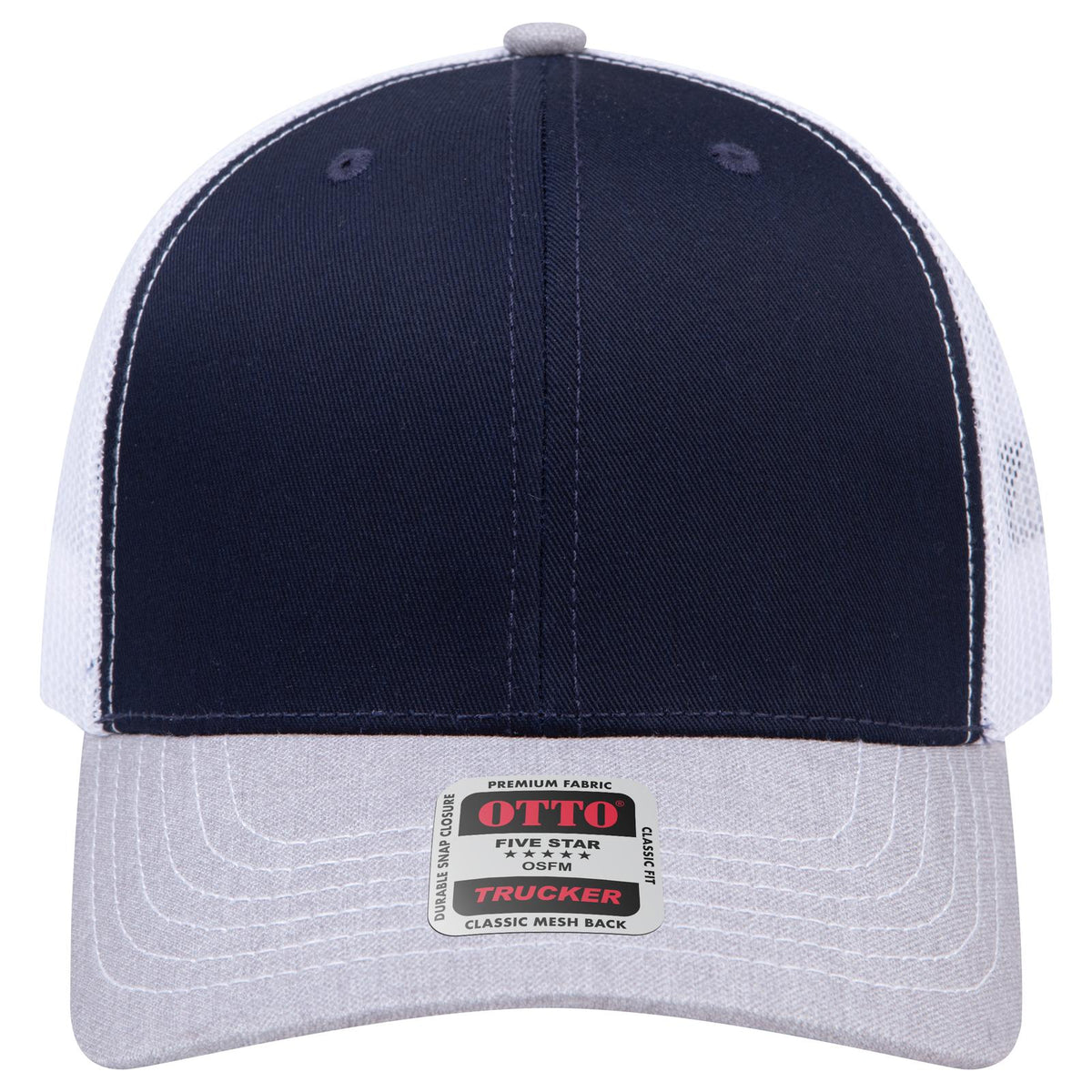 Front View of 740416 - HeatherGray/Navy/White OTTO CAP 6 Panel Mid Profile Mesh Back Trucker Hat