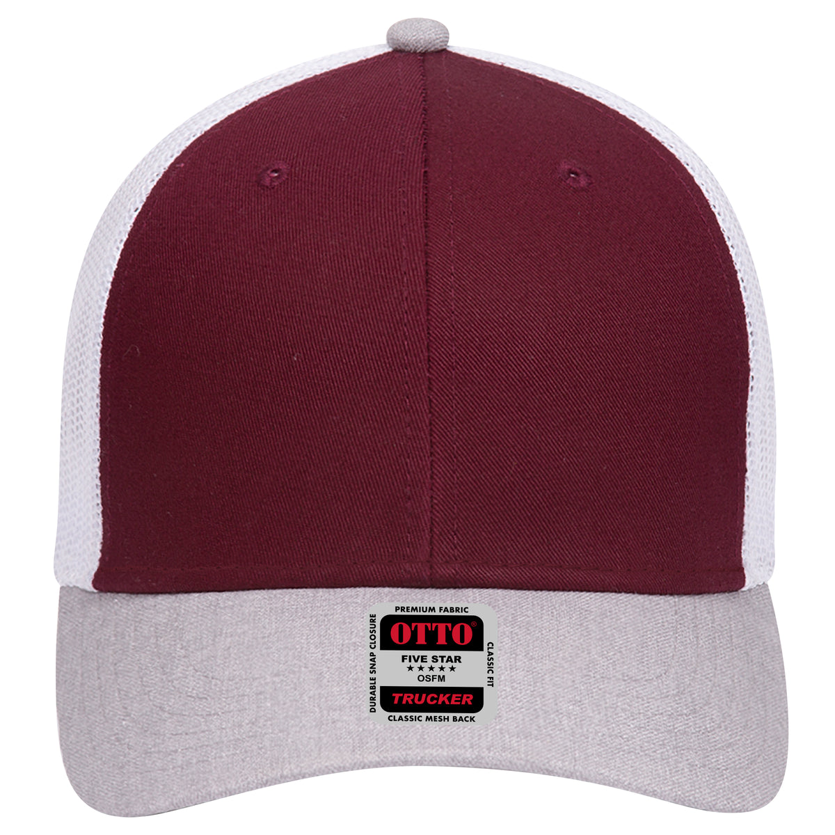 Front View of 741016 - HeatherGray/Maroon/White OTTO CAP 6 Panel Low Profile Mesh Back Trucker Hat