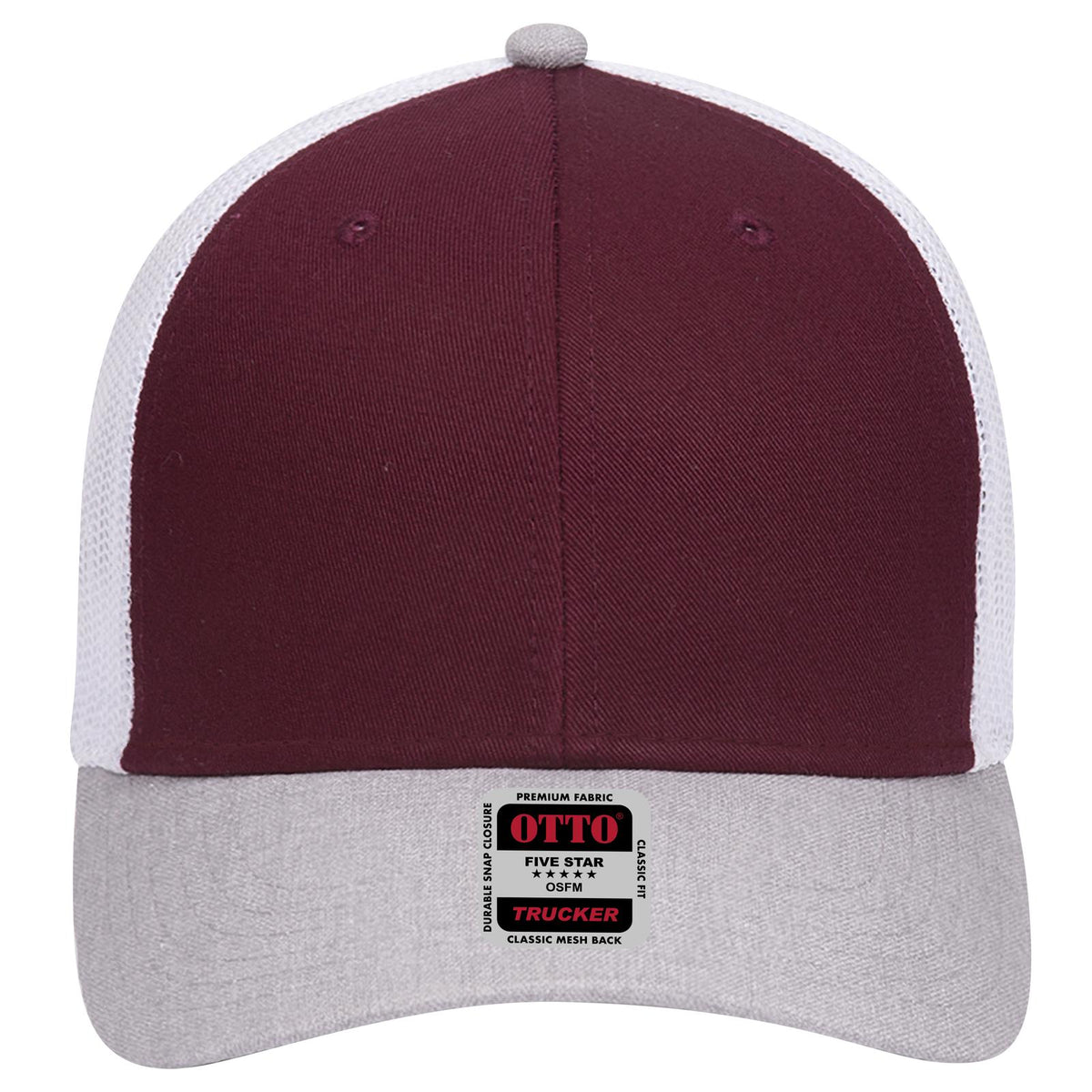 Front View of 741016 - HeatherGray/Maroon/White OTTO CAP 6 Panel Low Profile Mesh Back Trucker Hat