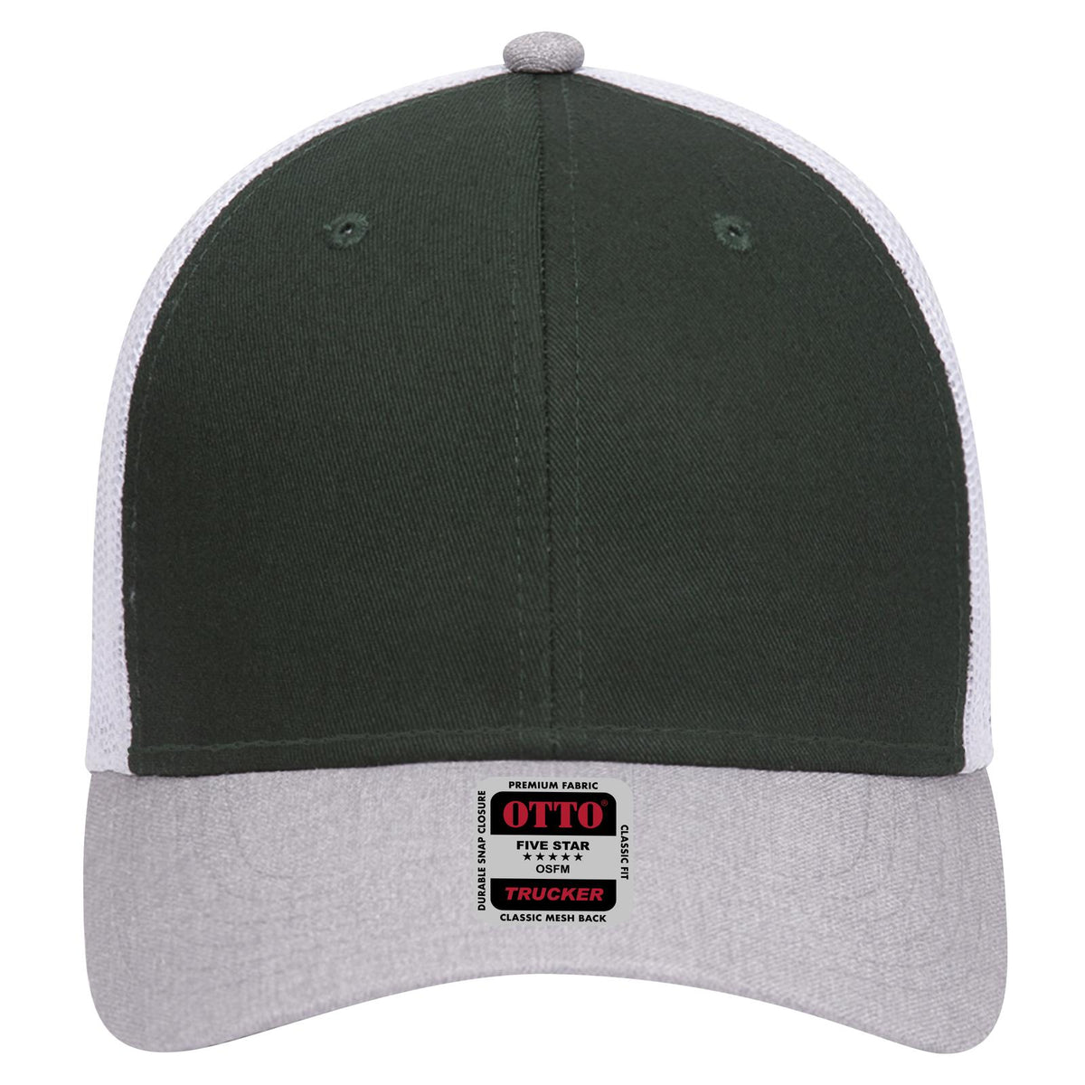 Front View of 741716 - HeatherGray/DarkGreen/White OTTO CAP 6 Panel Low Profile Mesh Back Trucker Hat