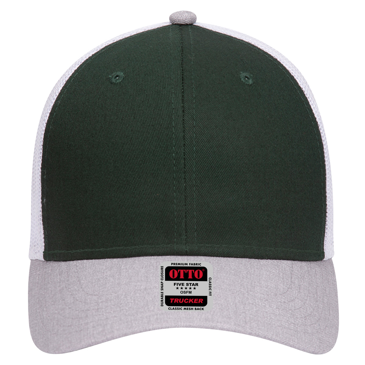 Front View of 741716 - HeatherGray/DarkGreen/White OTTO CAP 6 Panel Low Profile Mesh Back Trucker Hat