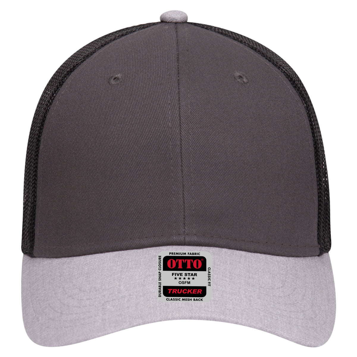 Front View of 742503 - Ht.Gray/Char.Gray/Blk OTTO CAP 6 Panel Low Profile Mesh Back Trucker Hat