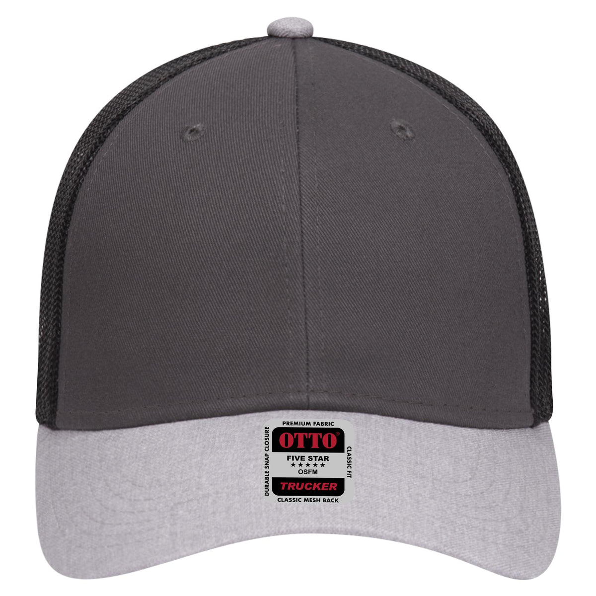 Front View of 742503 - Ht.Gray/Char.Gray/Blk OTTO CAP 6 Panel Low Profile Mesh Back Trucker Hat