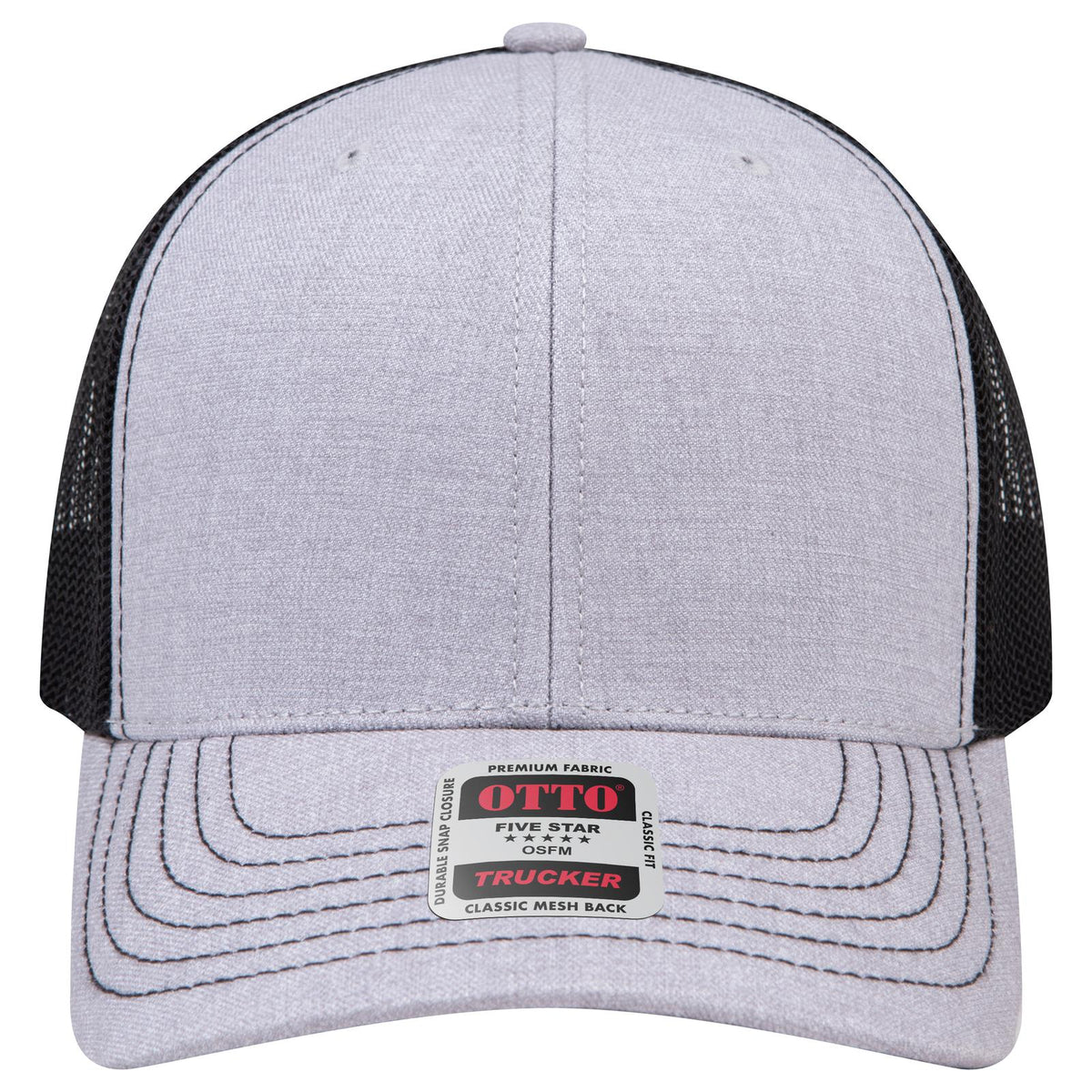 Front View of 747403 - H. Gry/H. Gry/Blk OTTO CAP 6 Panel Mid Profile Mesh Back Trucker Hat