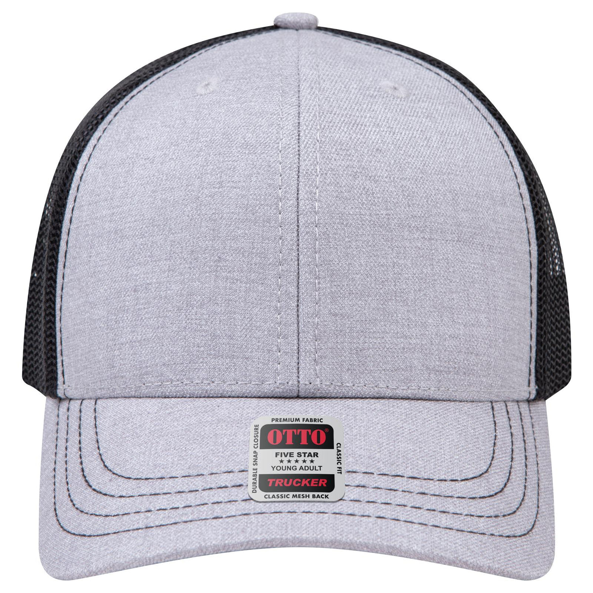 Front View of 747403 - H. Gry/H. Gry/Blk OTTO CAP 6 Panel Mid Profile Mesh Back Trucker Hat