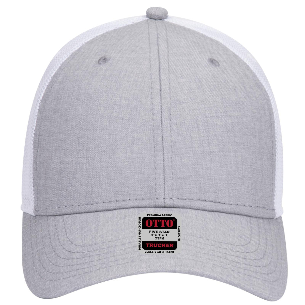 Front View of 747416 - HeatherGray/HeatherGray/White OTTO CAP 6 Panel Low Profile Mesh Back Trucker Hat