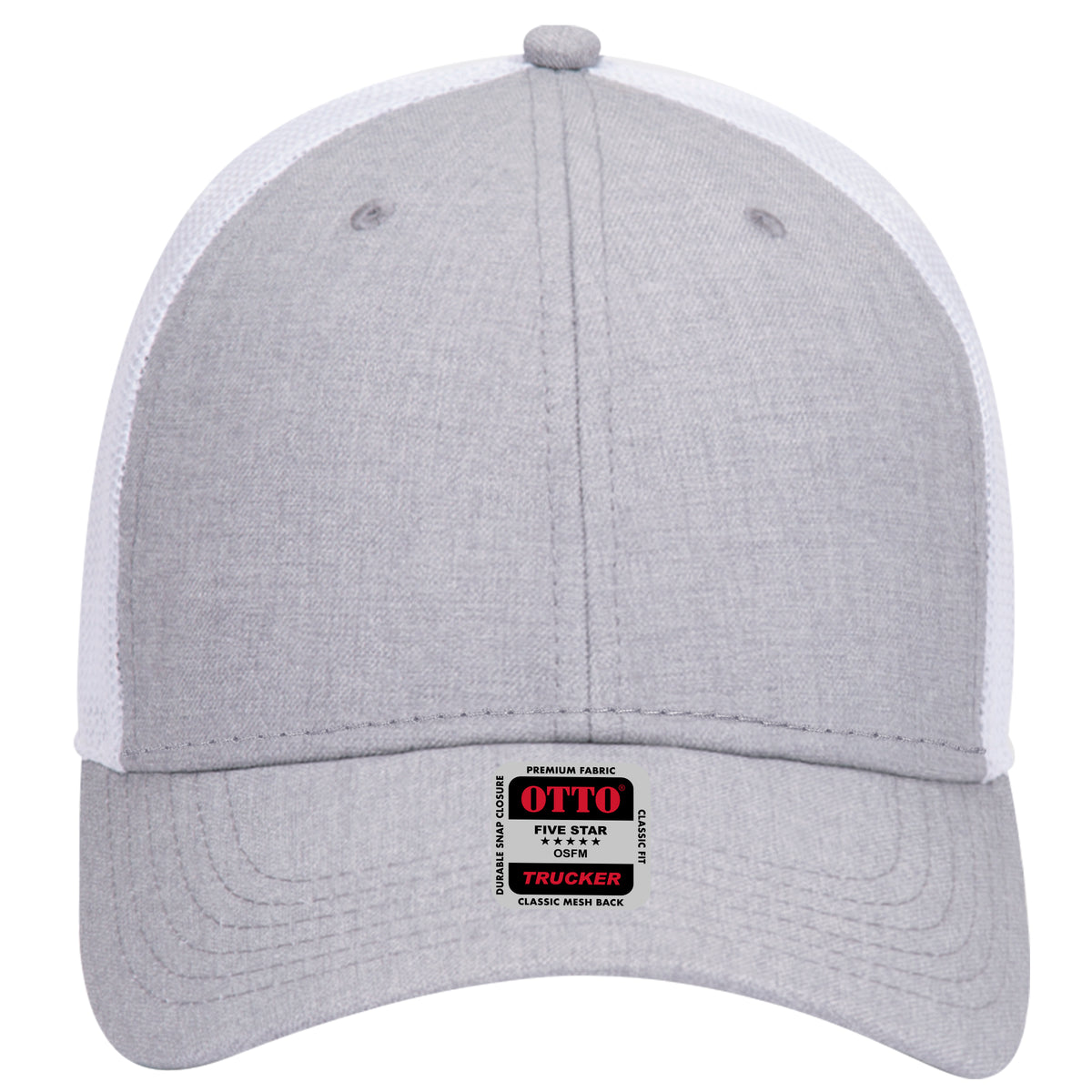 Front View of 747416 - HeatherGray/HeatherGray/White OTTO CAP 6 Panel Low Profile Mesh Back Trucker Hat
