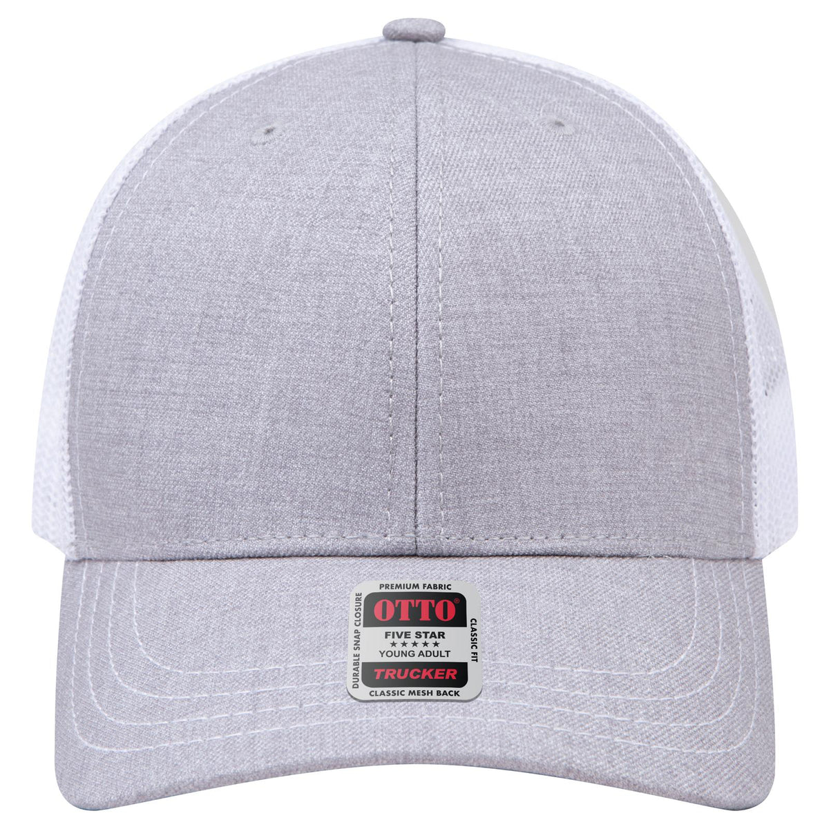 Front View of 747416 - HeatherGray/HeatherGray/White OTTO CAP 6 Panel Mid Profile Mesh Back Trucker Hat