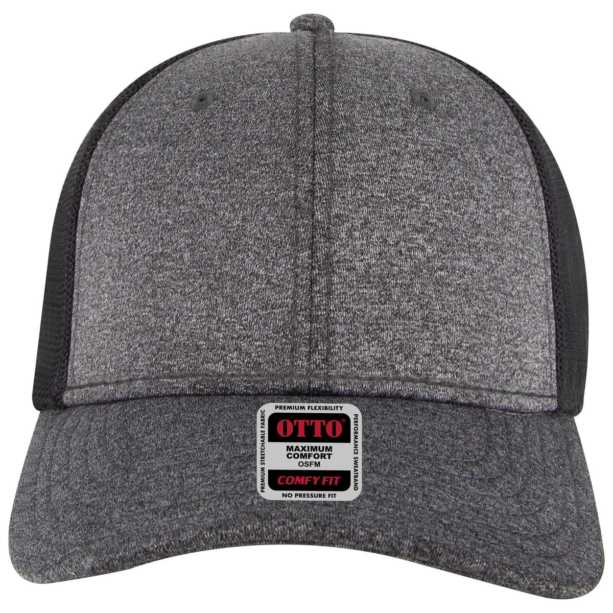 Front View of 808003B - Hth.Blk/Hth.Blk/Blk OTTO CAP "OTTO COMFY FIT" 6 Panel Low Profile Mesh Back Trucker Hat