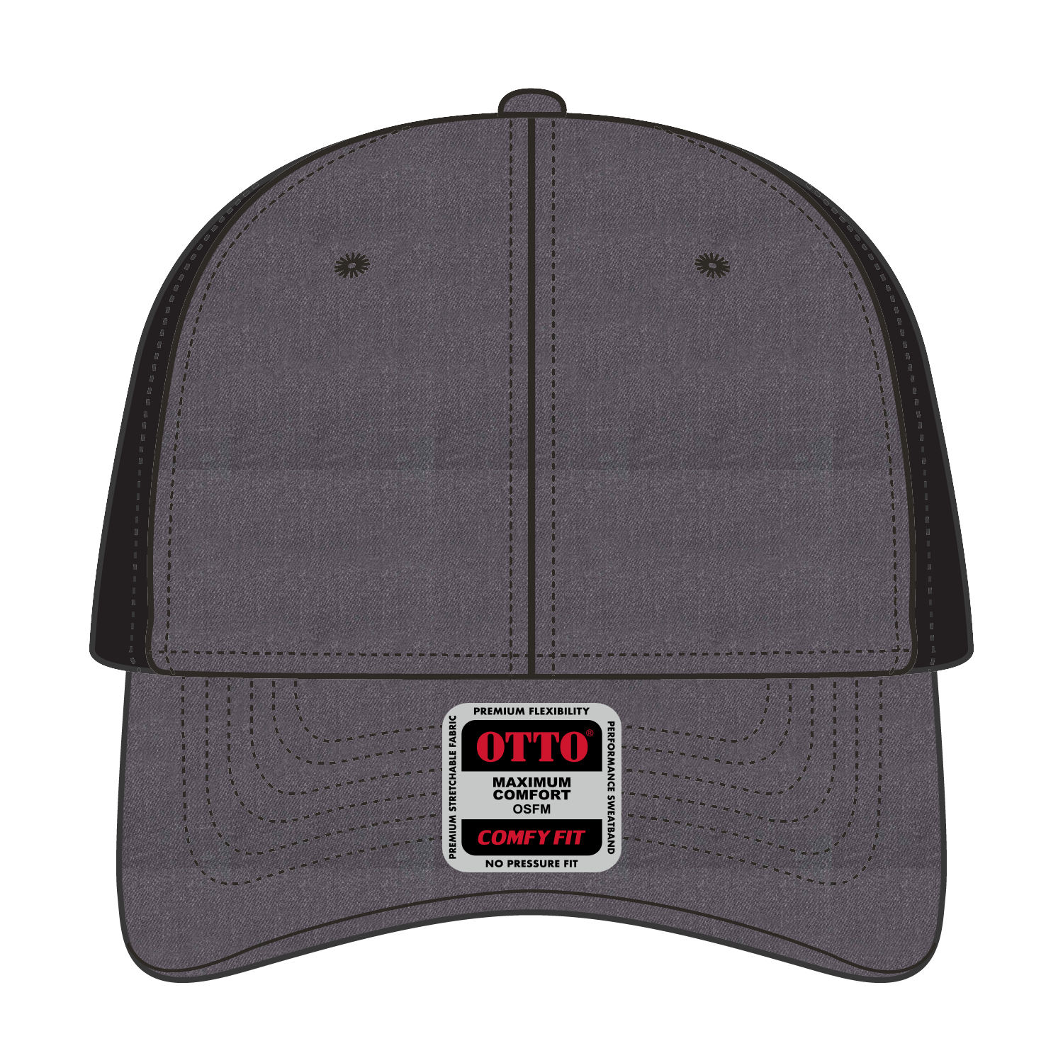 Front View of 808003B - Hth.Blk/Hth.Blk/Blk OTTO CAP "OTTO COMFY FIT" 6 Panel Low Profile Mesh Back Trucker Hat