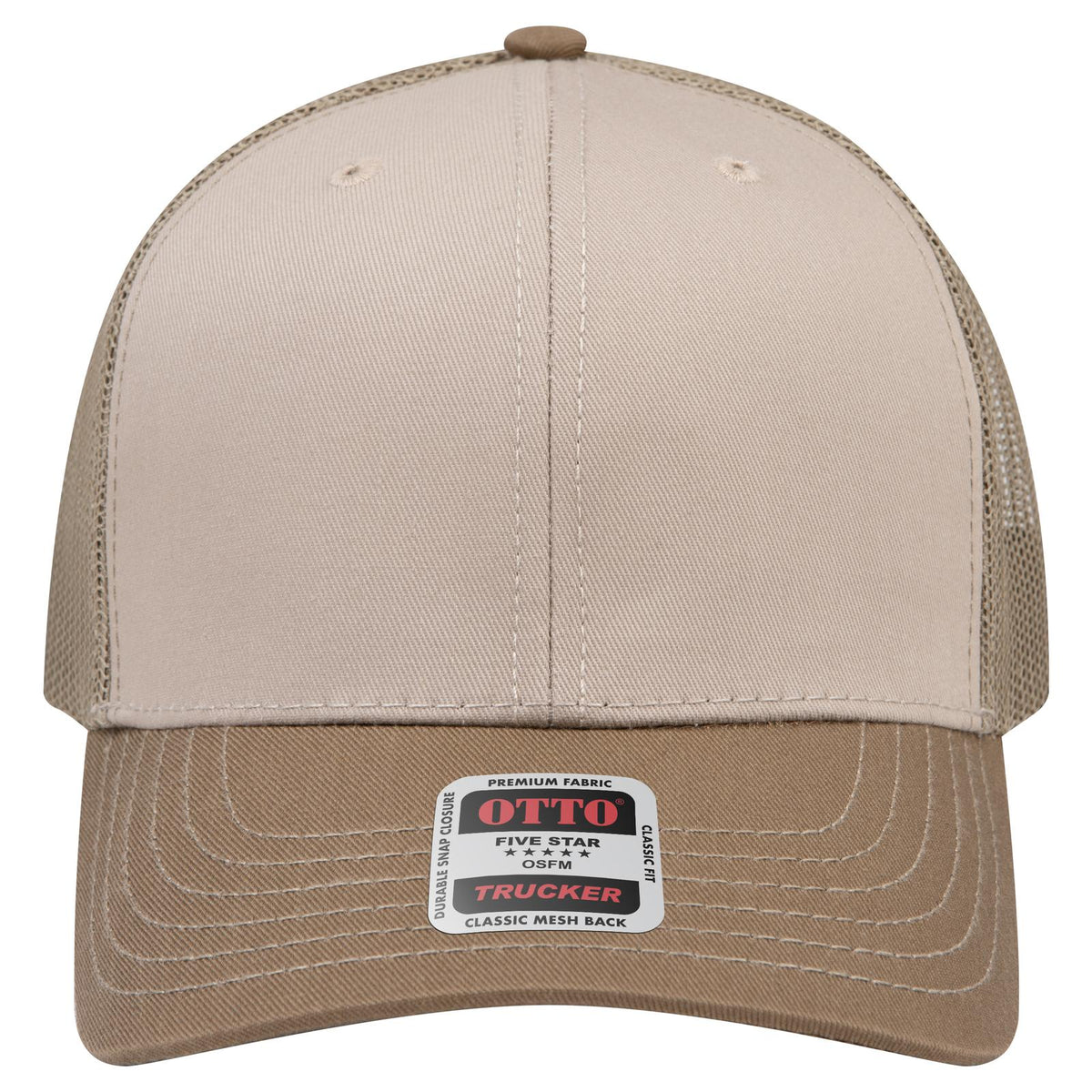 Front View of 843284 - C.Brn/Kha/C.Brn OTTO CAP 6 Panel Mid Profile Mesh Back Trucker Hat