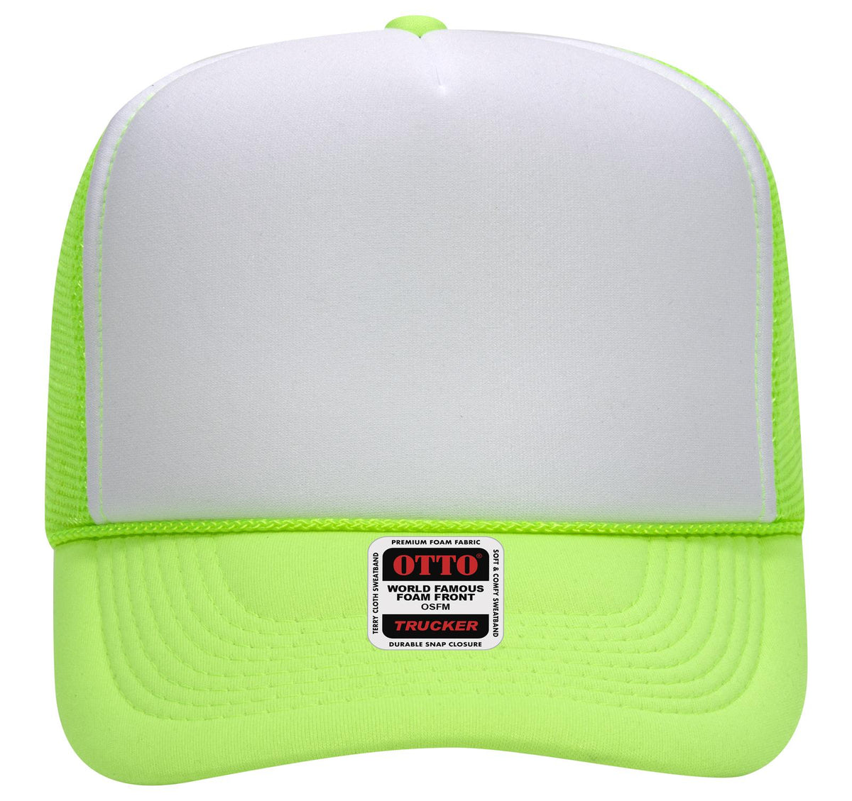 Front View of 881688 - N.Grn/Wht/N.Grn OTTO CAP 5 Panel High Crown Mesh Back Trucker Hat