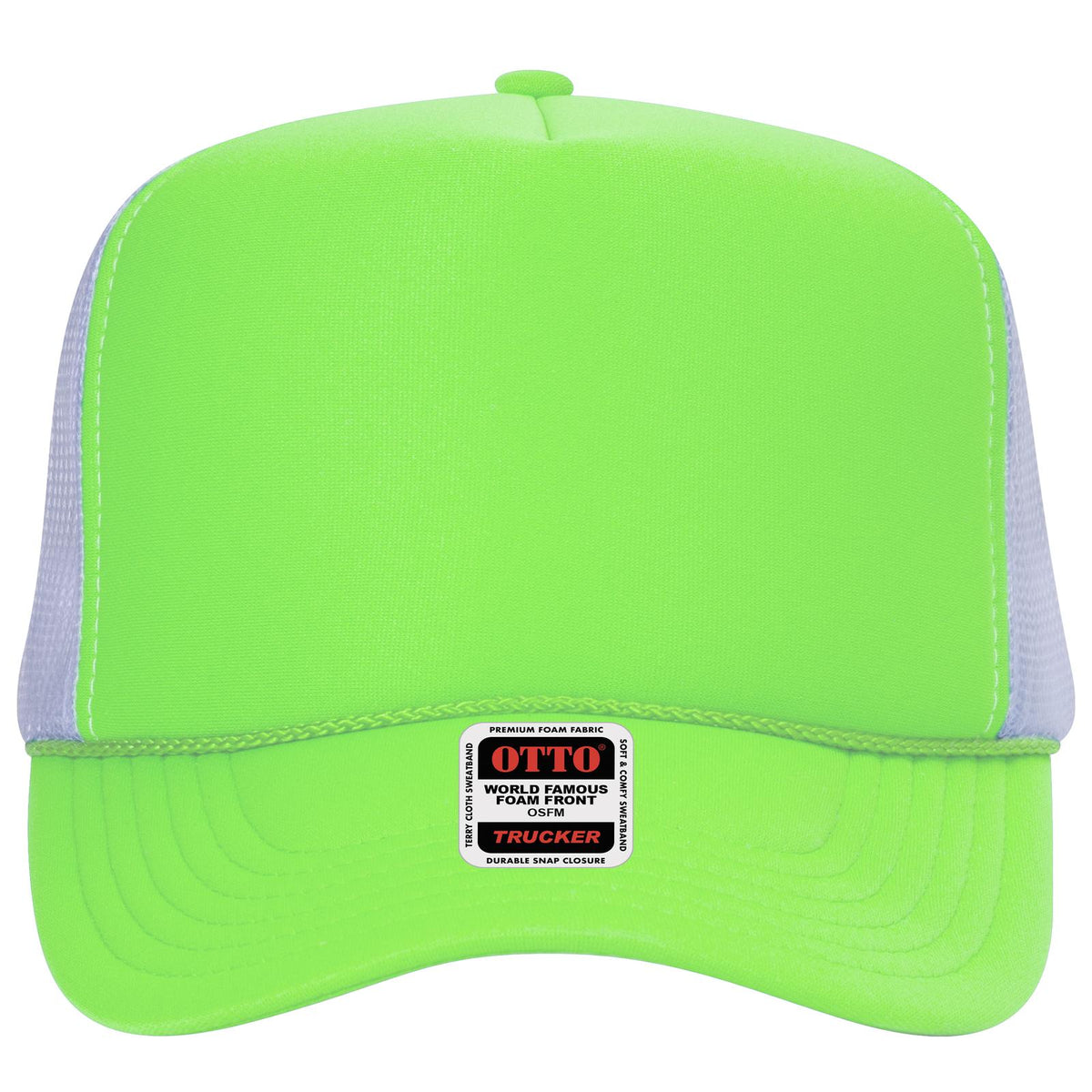 Front View of 888816 - N Grn/N Grn/Wht OTTO CAP 5 Panel High Crown Mesh Back Trucker Hat