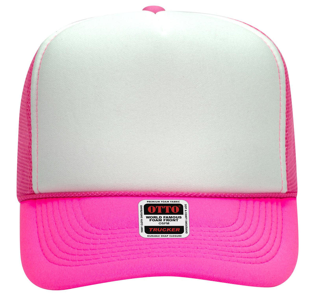 Front View of 891689 - N.Pnk/Wht/N.Pnk OTTO CAP 5 Panel High Crown Mesh Back Trucker Hat