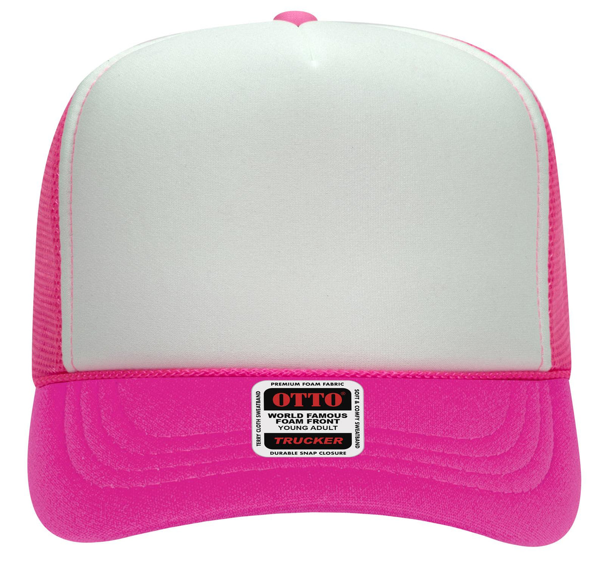 Front View of 891689 - N.Pnk/Wht/N.Pnk OTTO CAP 5 Panel High Crown Mesh Back Trucker Hat