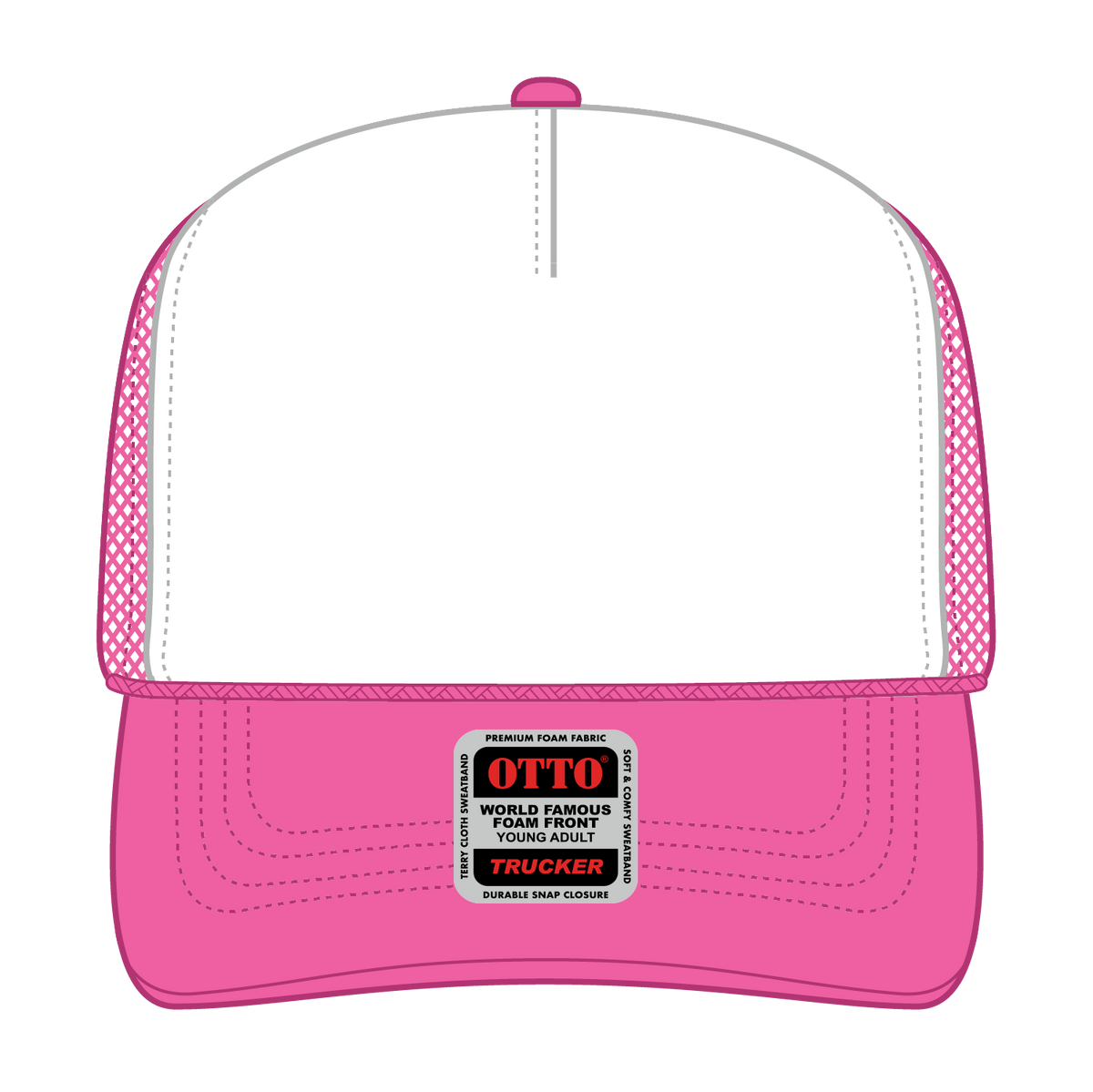 Front View of 891689 - N.Pnk/Wht/N.Pnk OTTO CAP 5 Panel High Crown Mesh Back Trucker Hat