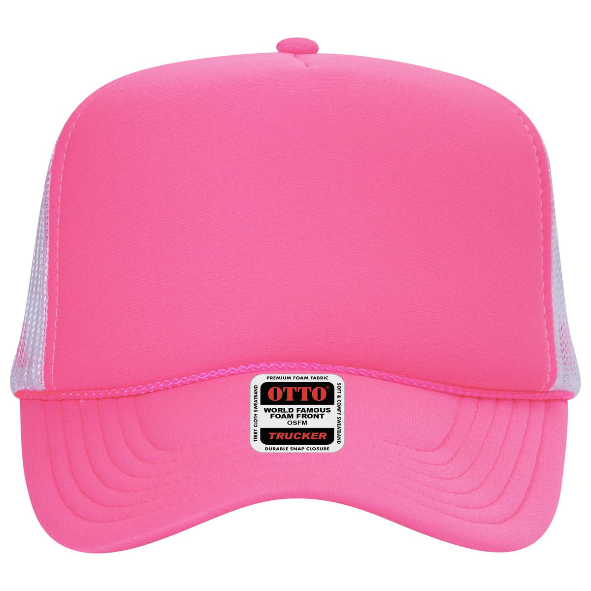 Front View of 898916 N Pnk/N Pnk/Wht OTTO CAP 5 Panel High Crown Mesh Back Trucker Hat