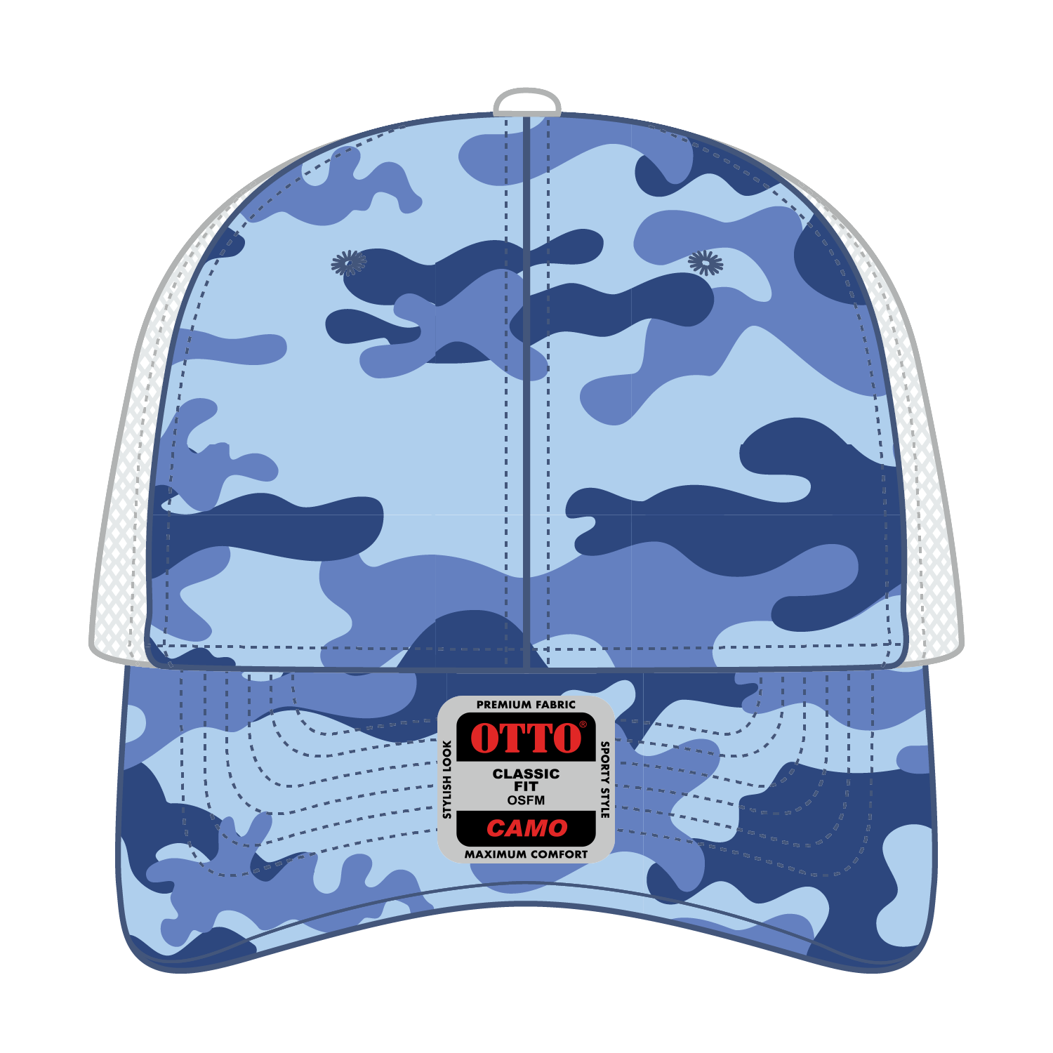 Front View of 9710416 - Aqu/Lk.Blu/Wht OTTO CAP Camouflage 6 Panel Low Profile Mesh Back Trucker Hat