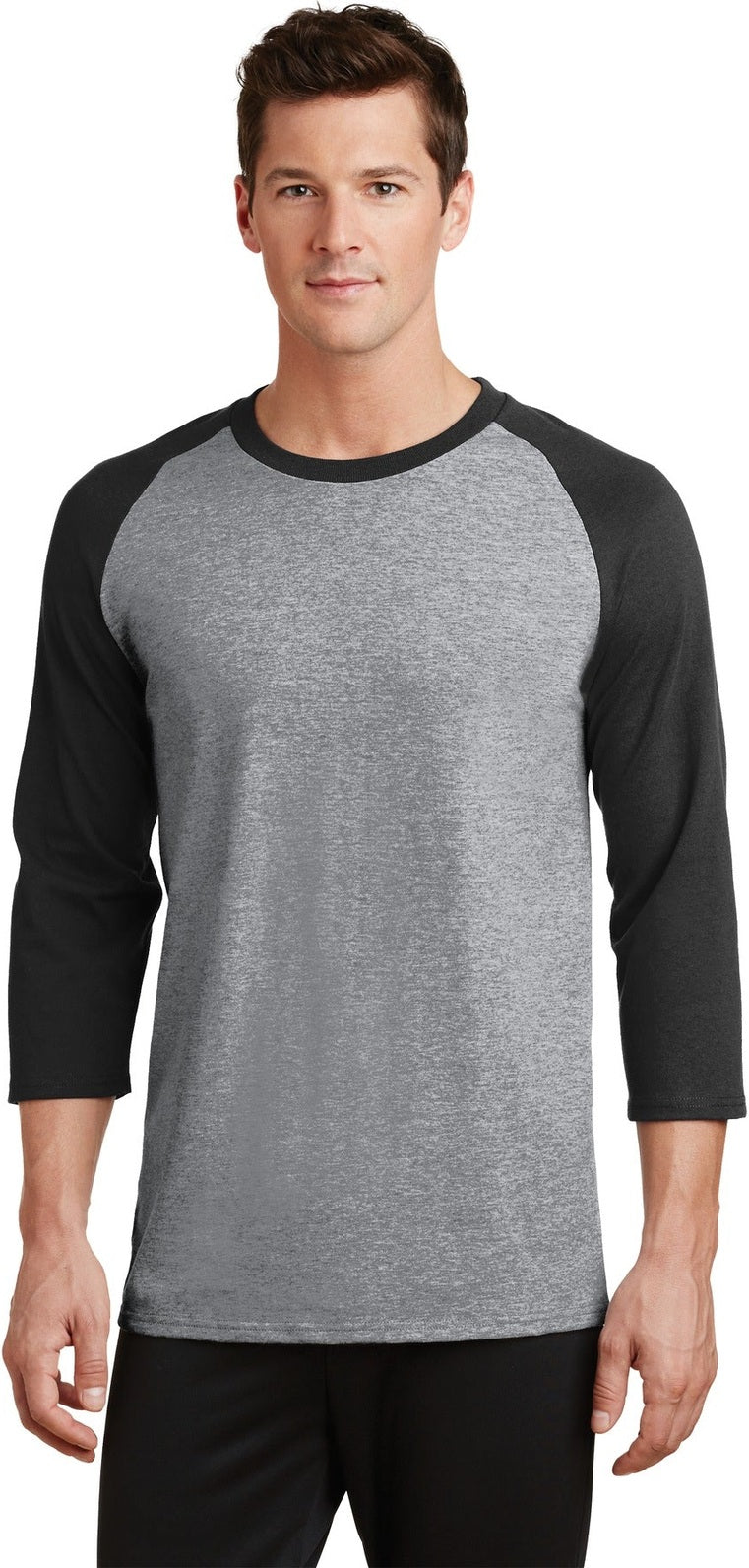 Front View of AH/Jet Black Port & Co Core Blend 3/4-Sleeve Raglan Tee. PC55RS